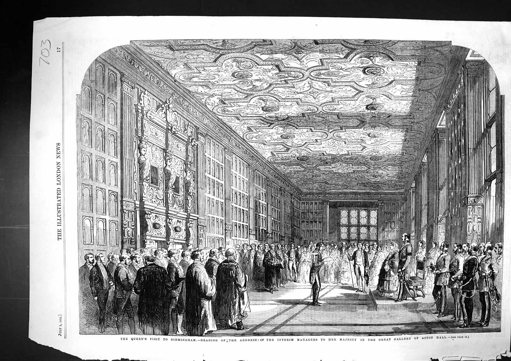 Old Print 1858 Queen Birmingham Interim Managers Great Gallery Aston Hall 19th