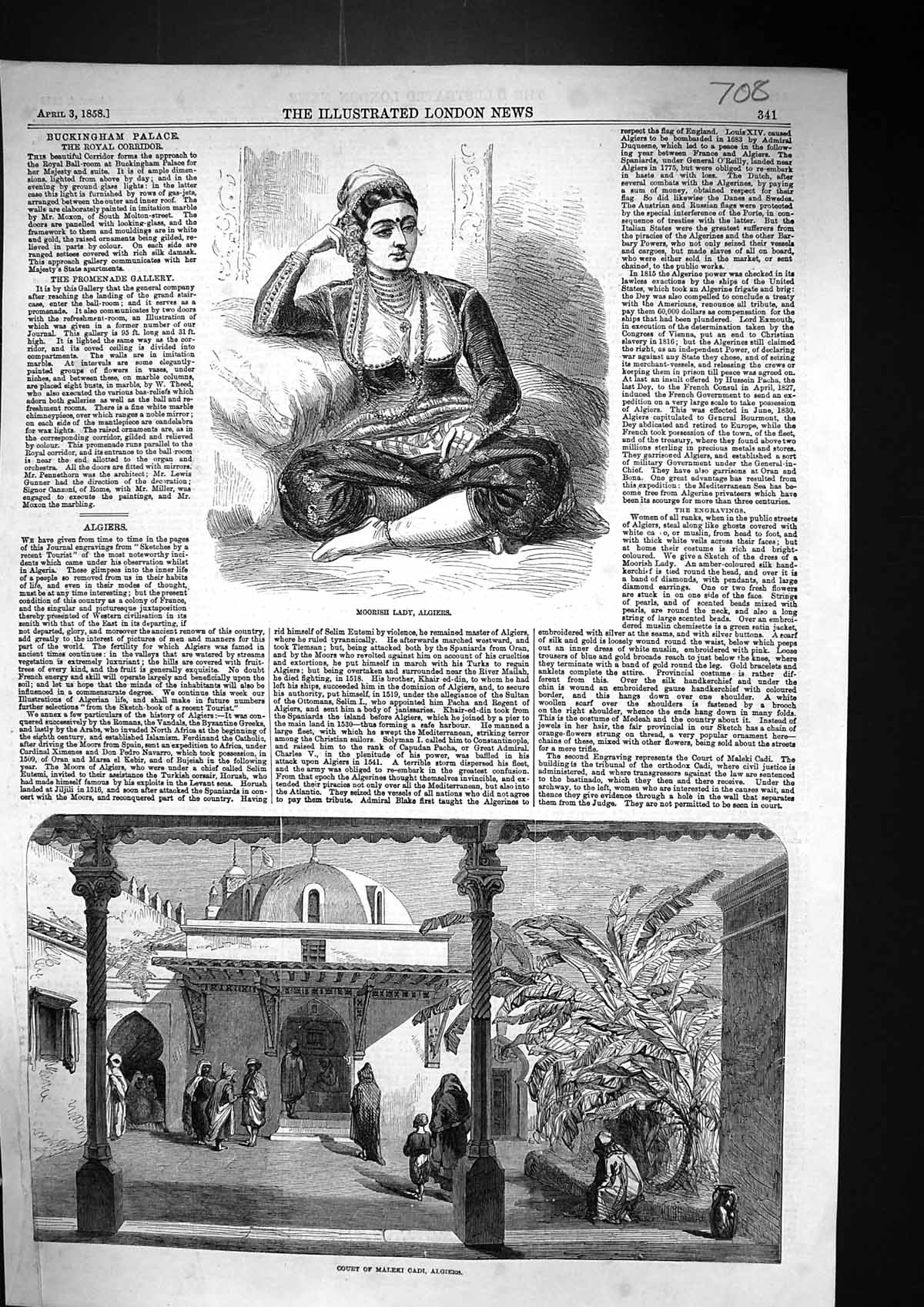 Original Old Antique Print 1858 Moorish Lady Algiers Court Maleki Cadi Africa