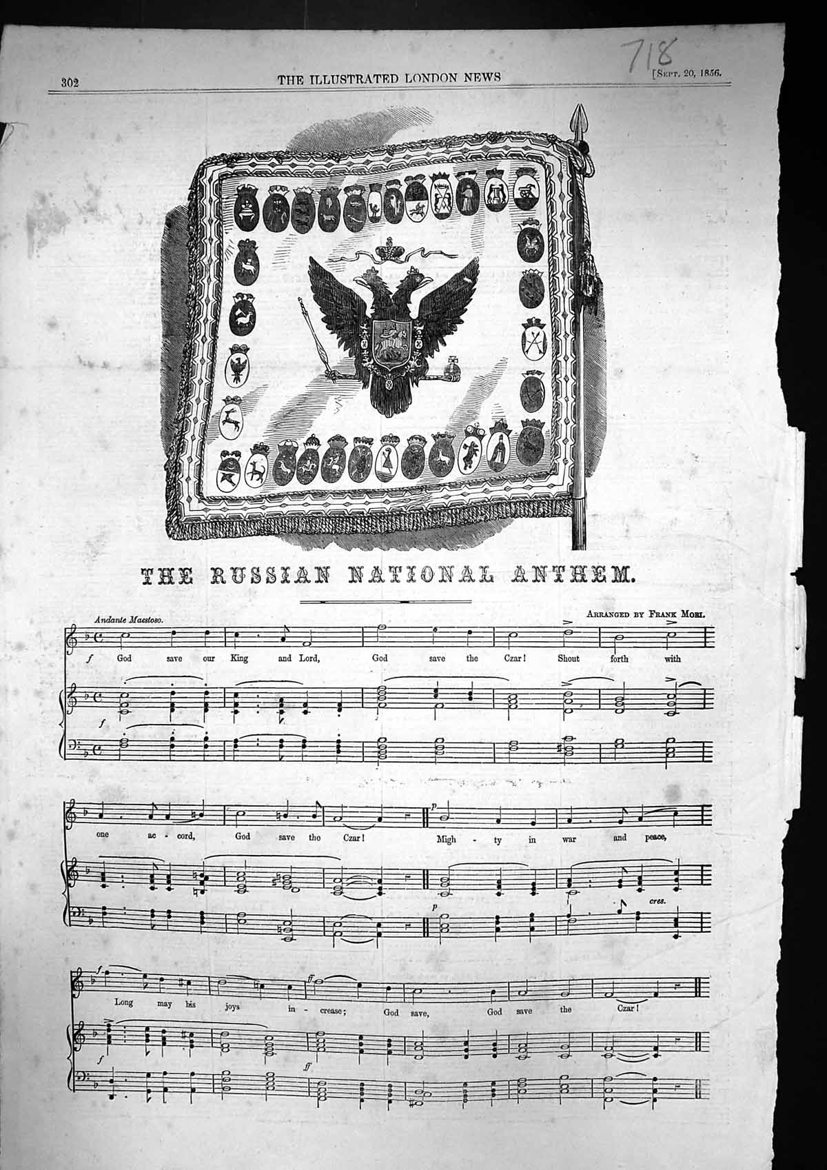 Original Old Antique Print 1856 Sheet Music Russian National Anthem Frank Mori