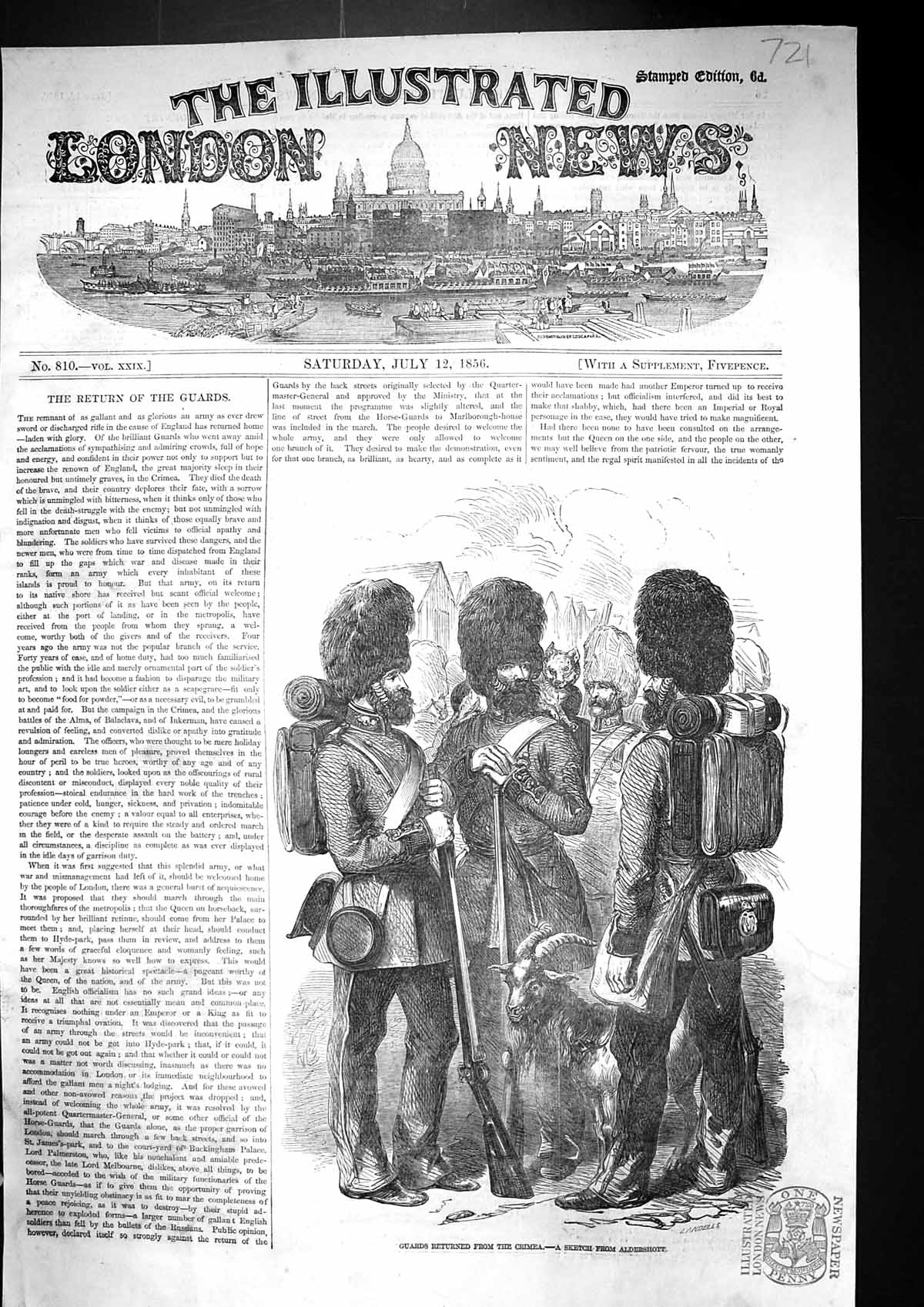 Original Old Antique Print 1856 Garrison Guards War Crimea Aldershott Victorian