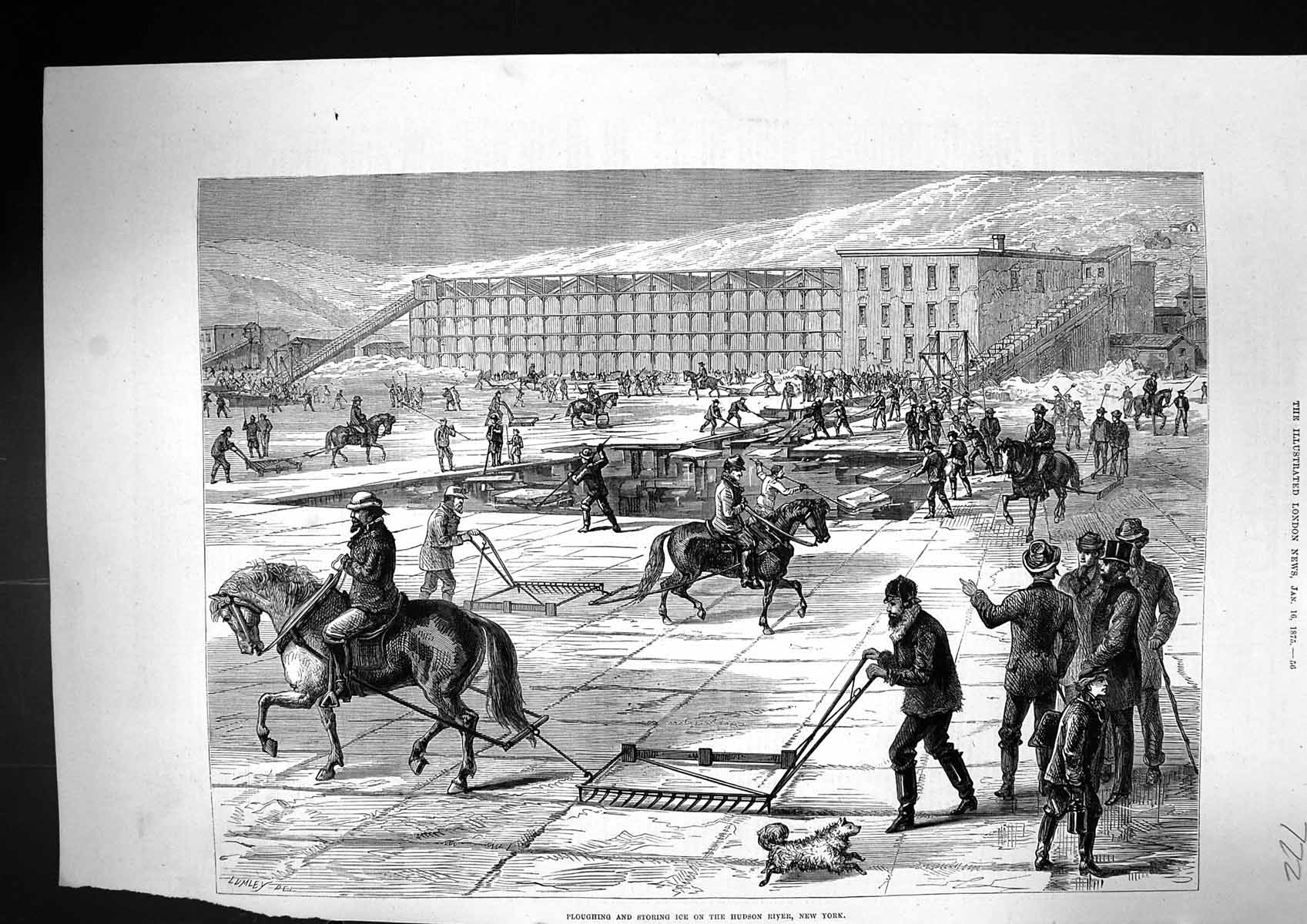 Antique Old Print 1875 Ploughing Storing Ice Hudson River New York America 19th