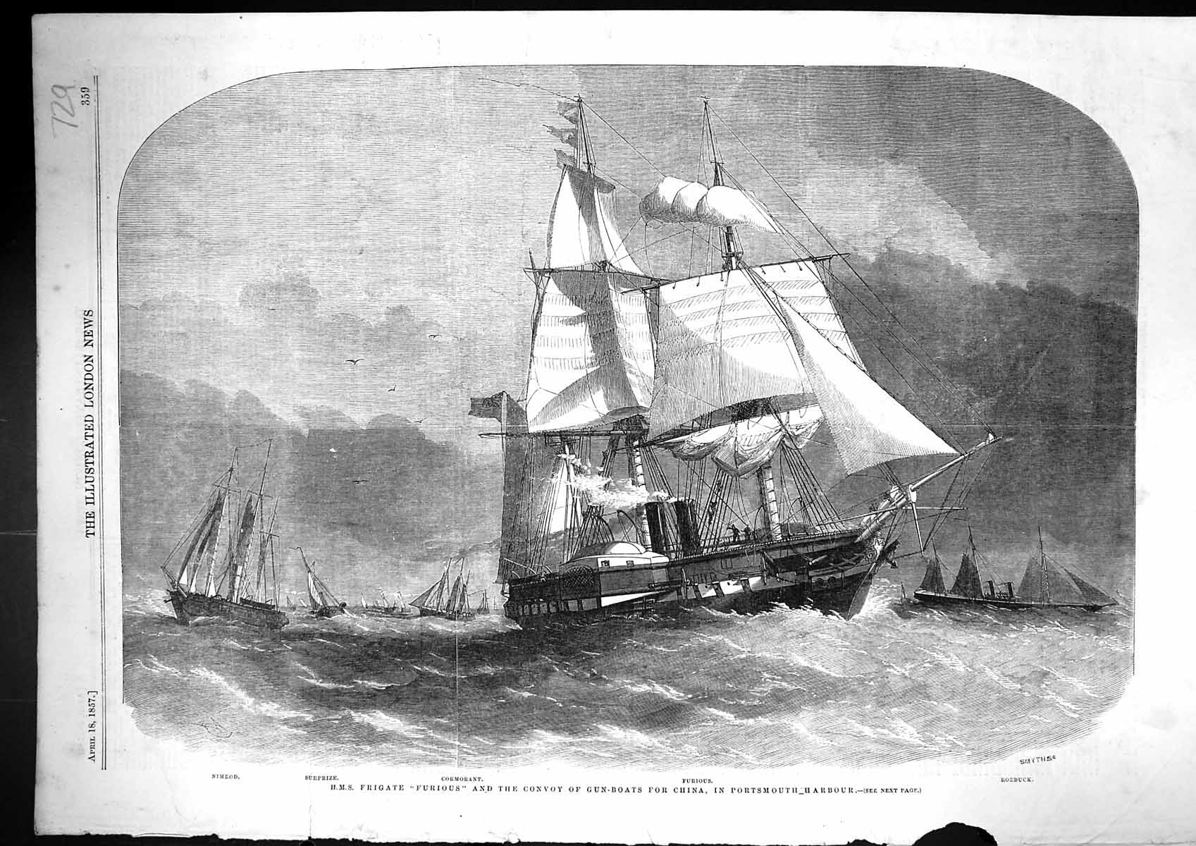 Old 1857 Ship H.M.S. Furious Gun Boats China Portsmouth Nimrod Cormor Victorian