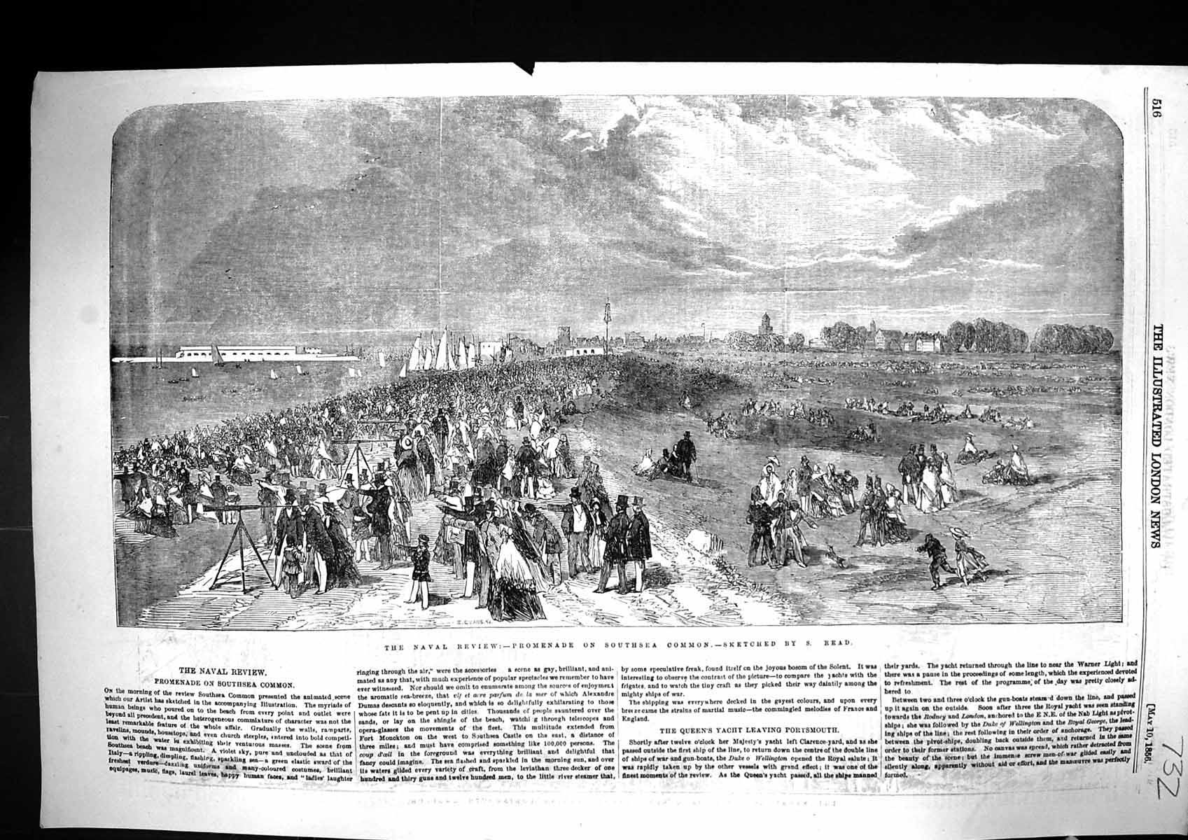 Original Old Antique Print 1856 Naval Review Promenade Southsea Common 19th