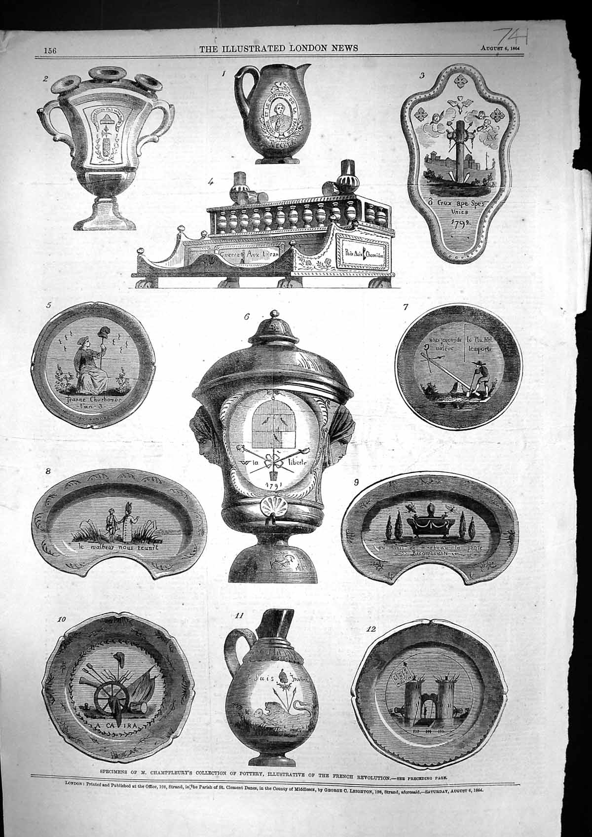 Original Old Antique Print 1864 Specimens Champfleury Pottery French Revolution