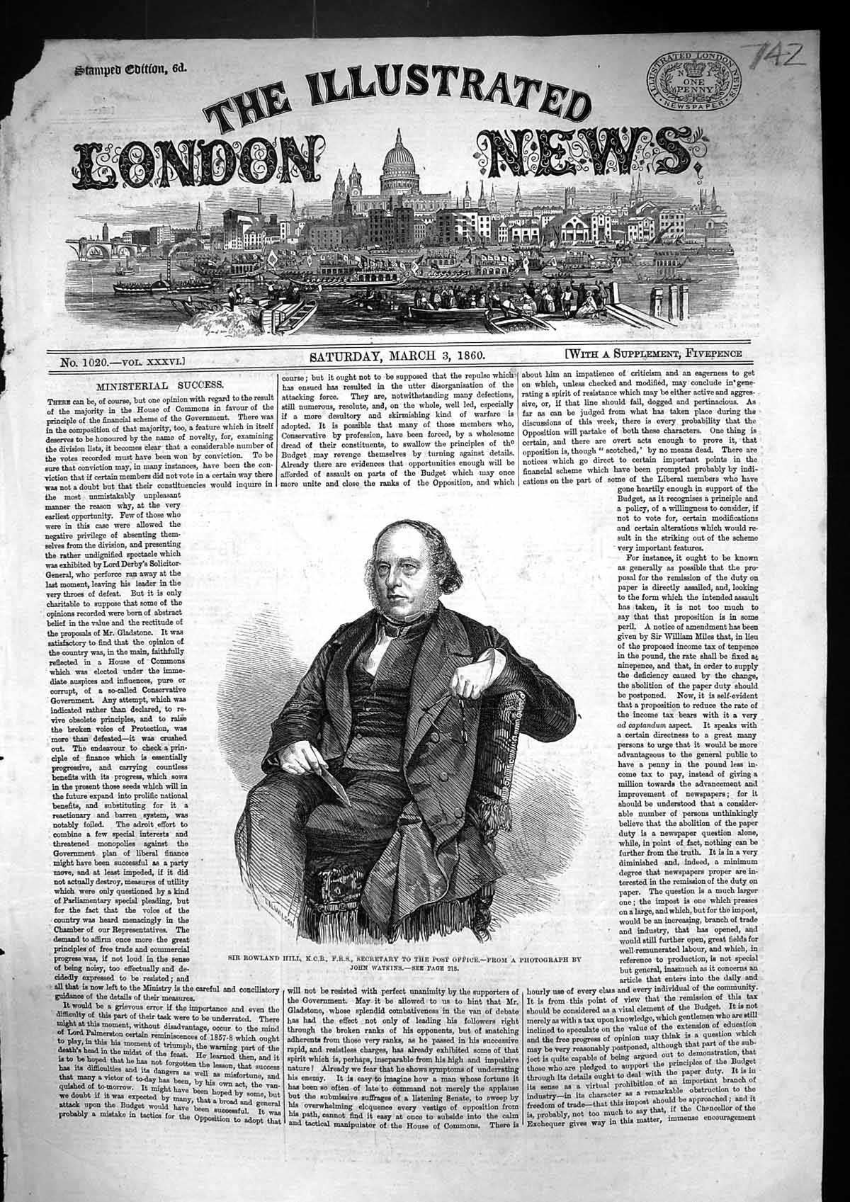 Original Old Antique Print 1860 Rowland Hill Secretary Post Office John Watkins