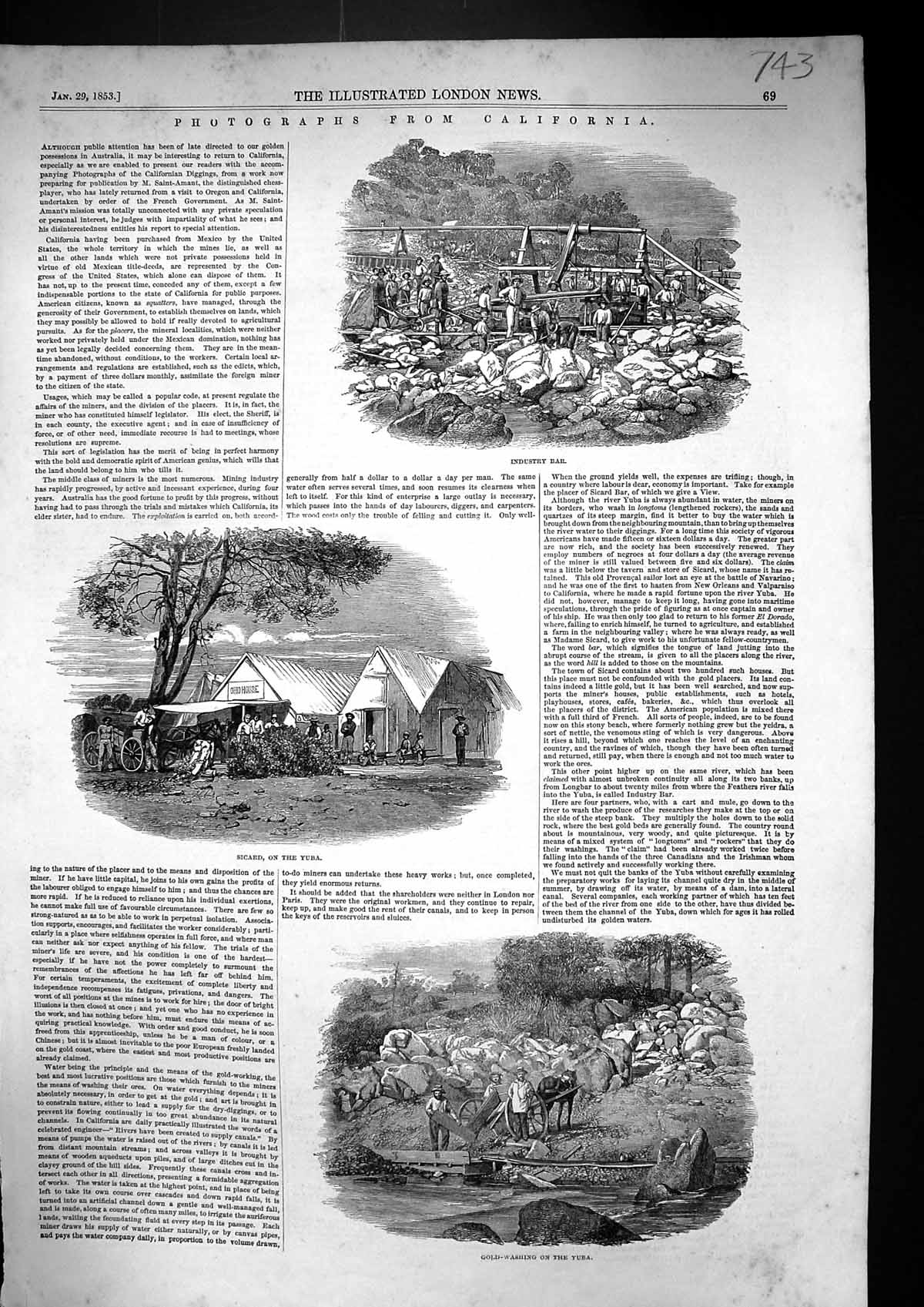 Antique Print 1853 California Industry Bar Sicard Yuba GWashing Mining Amer