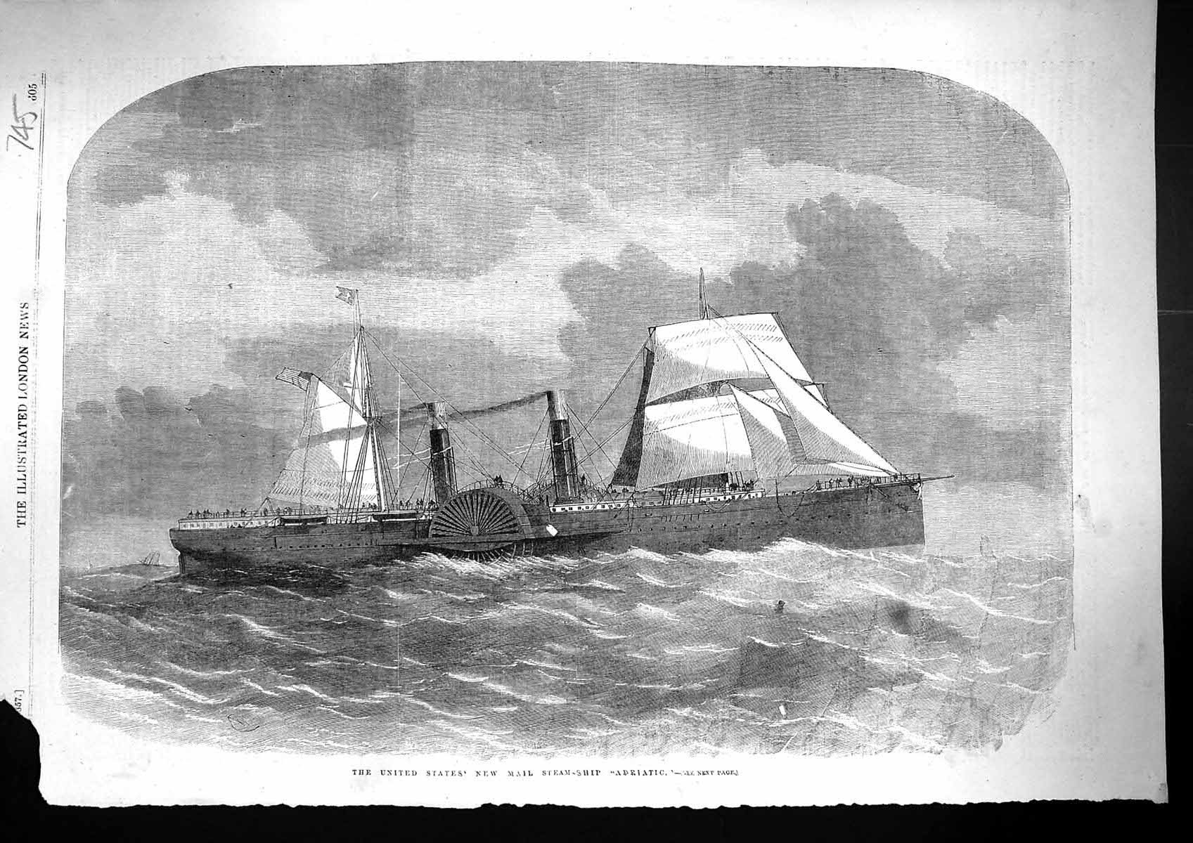 Original Old Antique Print 1857 United States New Mail Steam Ship Adriatic 19th