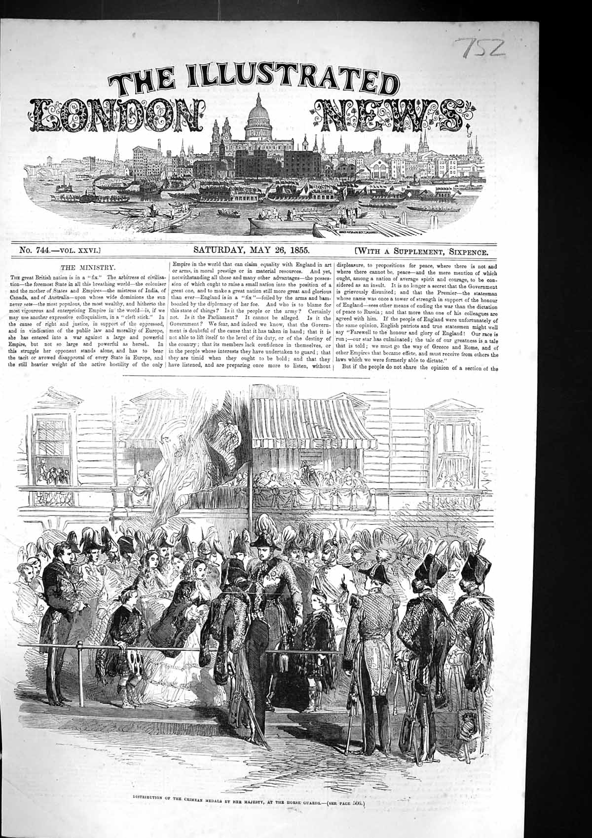Old Print 1855 Distribution Crimea War Medals Horse Guards Majesty Queen 19th