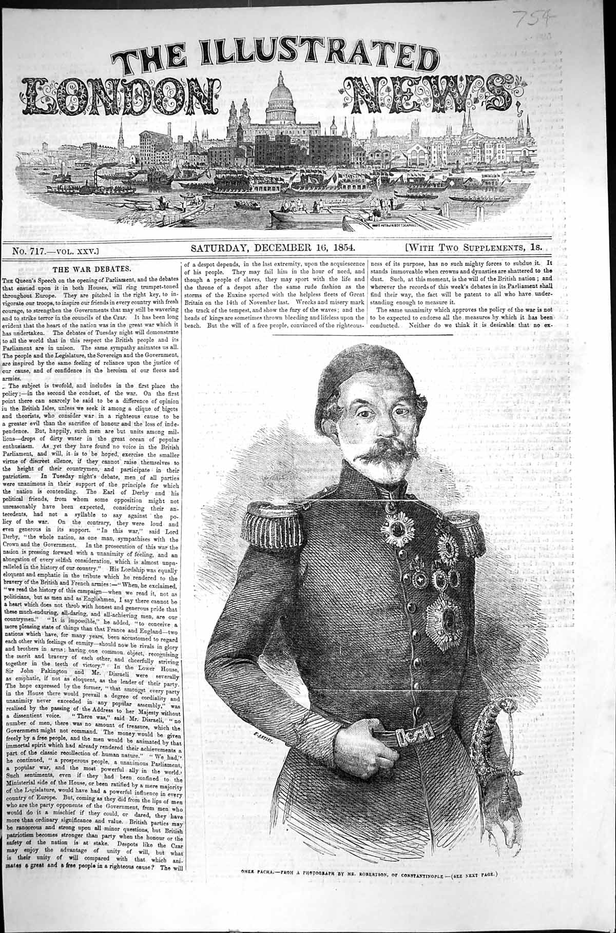 Antique Print 1854 Omer Pacha Portrait War Uniform Robertson Constantinople
