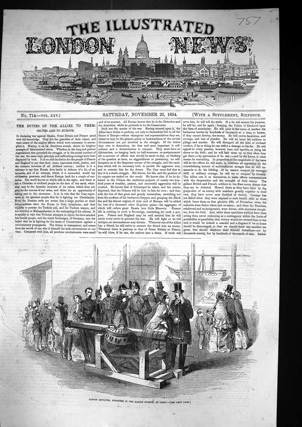 Antique Old Print 1854 Cannon Revolver Exhibited Marine Museum Paris France