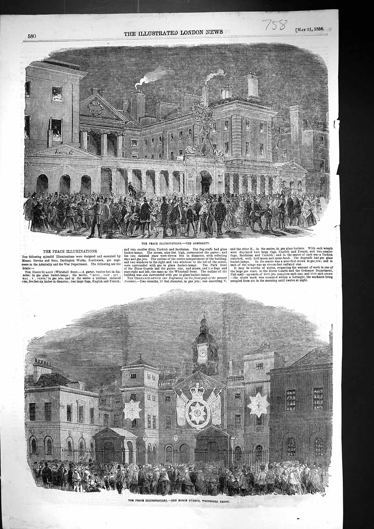 Old 1856 Peace Illuminations Admiralty Horse Guards Whitehall London Victorian