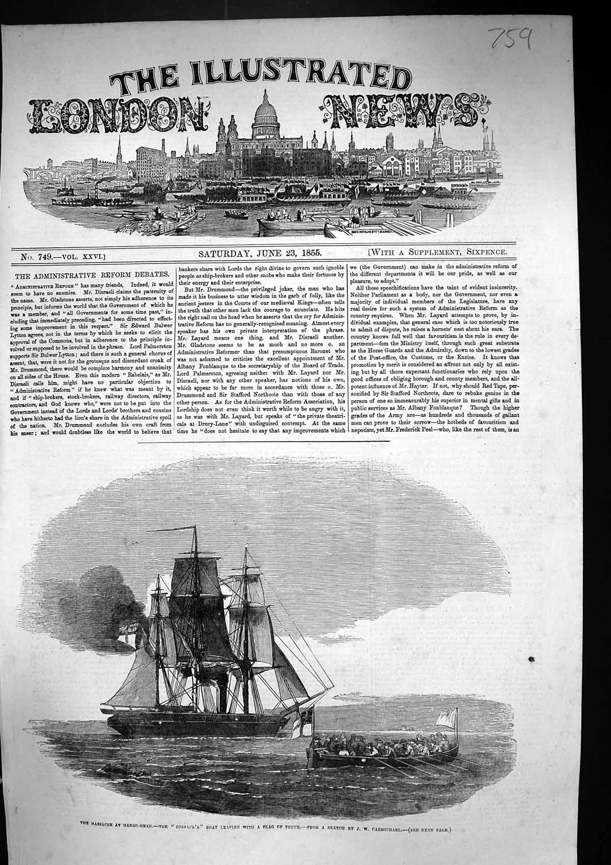 Antique Old Print 1855 Massacre Hango-Head Cossacks Boat Ship Flag Truce War
