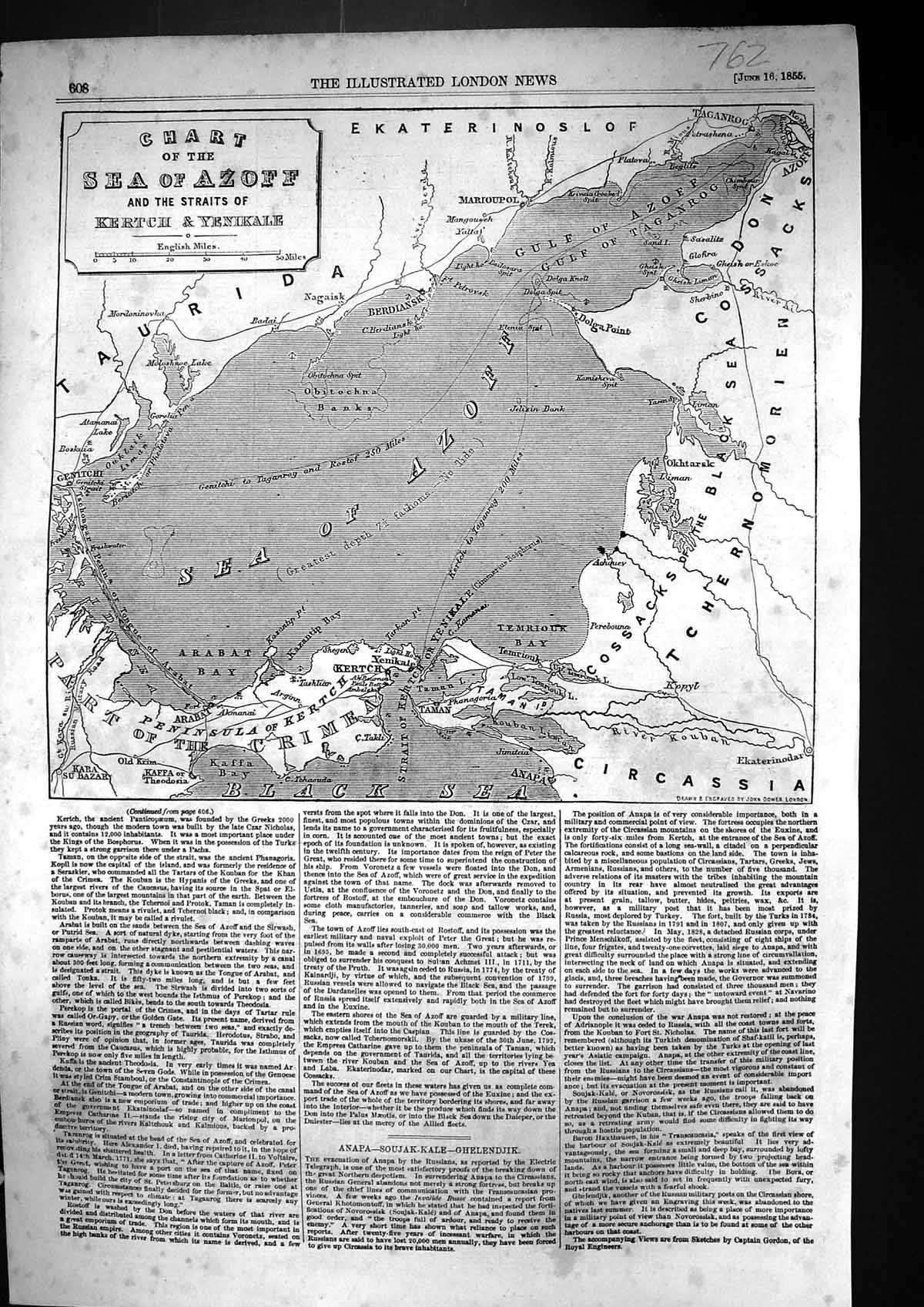 Old 1855 Chart Sea Azoff Map Straits Kertch Yenikale Crimea Anapa Gul Victorian