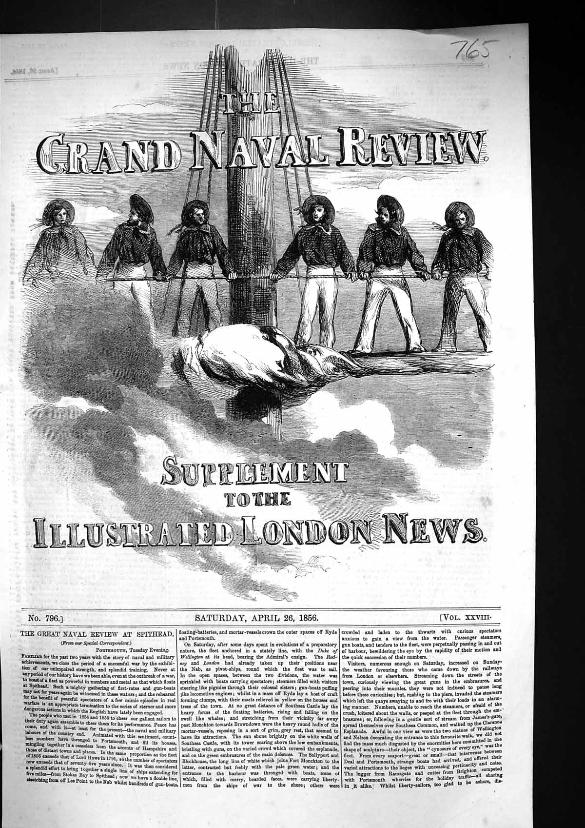 Original Old Antique Print 1856 Grand Naval Review Sailors Ship Mast Spithead