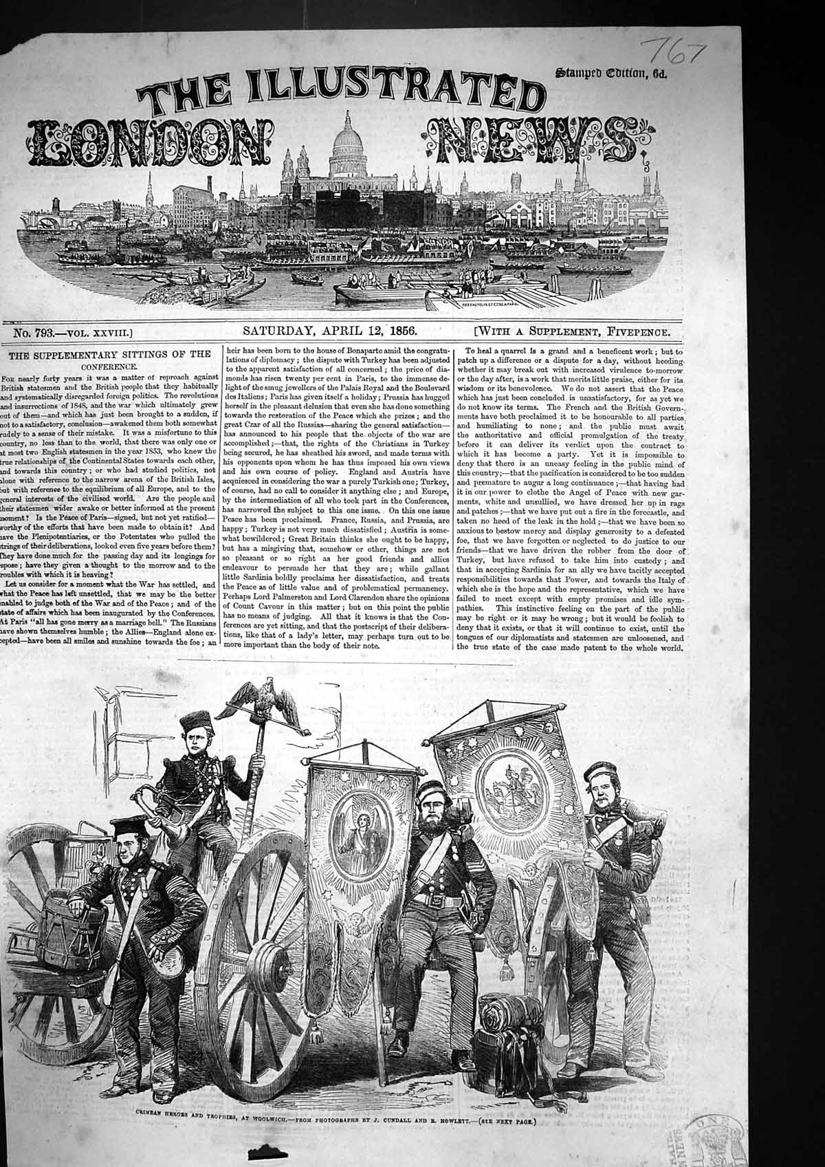 Old Print 1856 Crimea War Heroes Trophies Woolwich Siers Cundall Howlett 19th