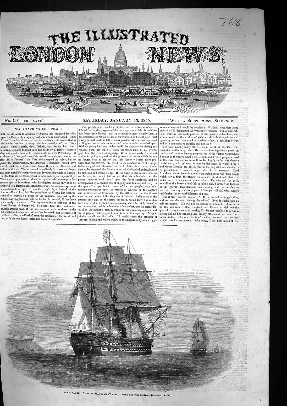 Antique Old Print 1855 H.M.S. War Ship St. Jean-D'Acre Leaving Cork Crimea 19th