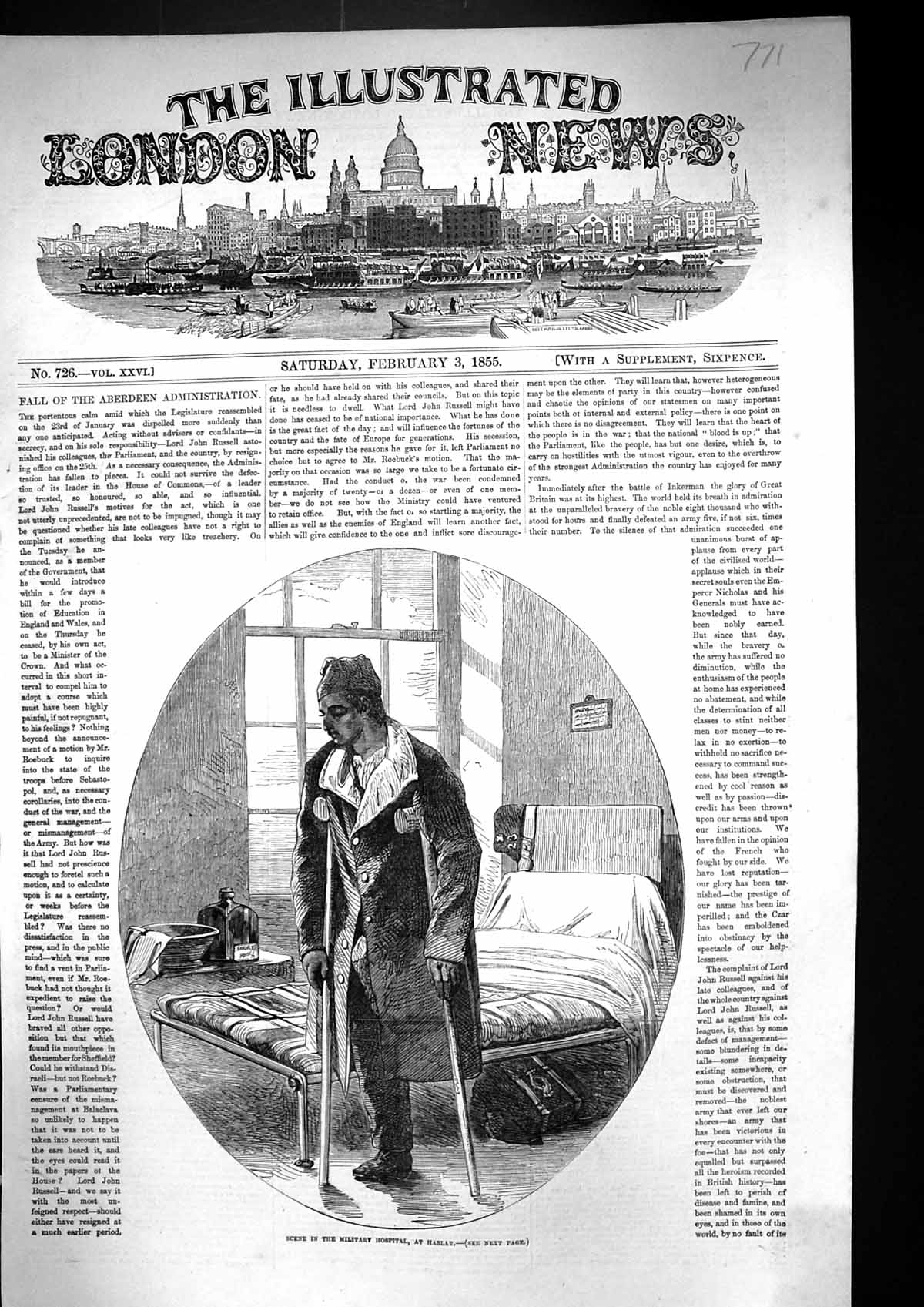 Old Print 1855 Scene Military Hospital Ward Beds Haslar Injured Sier War 19th