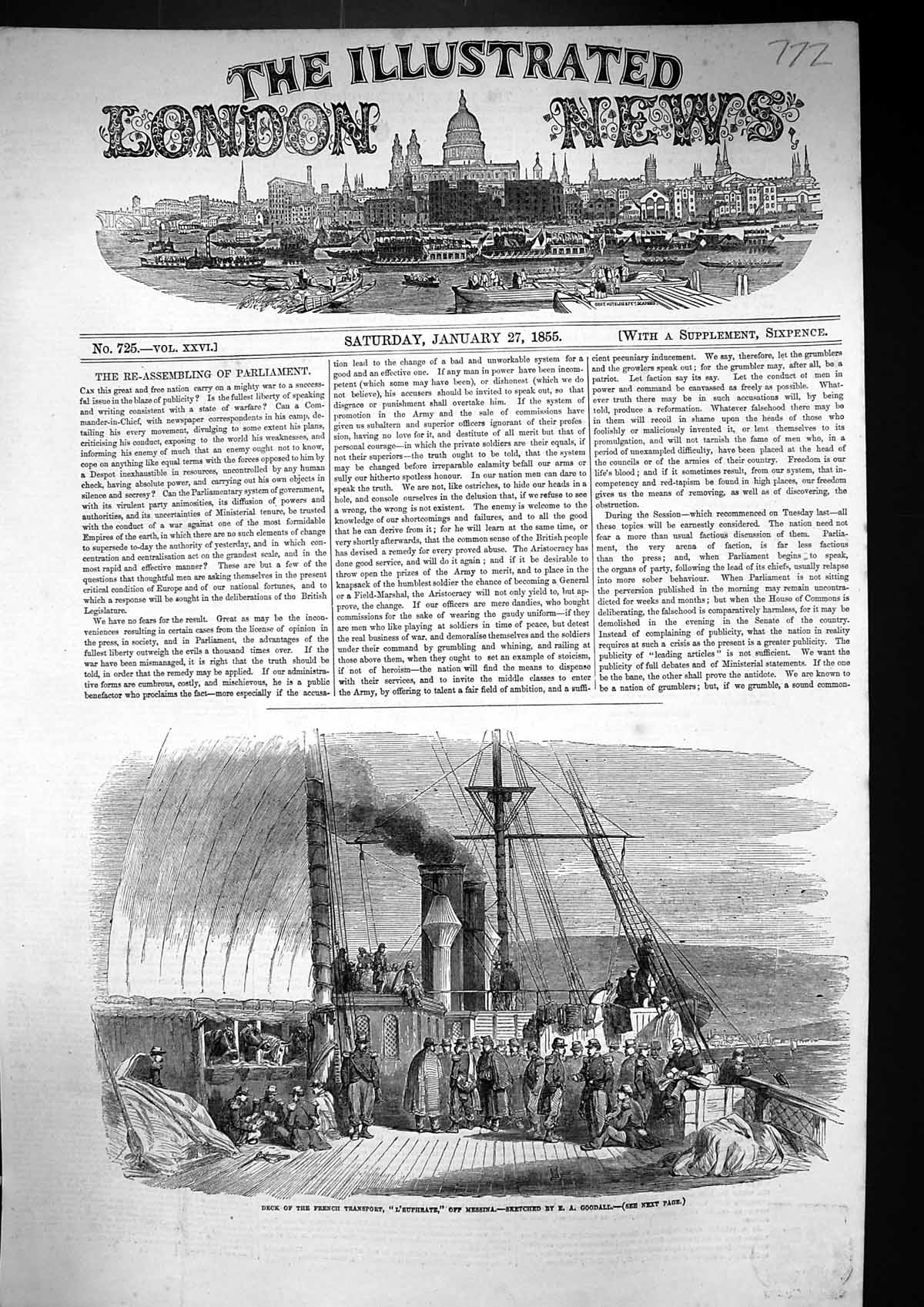 Antique Print 1855 Ship Deck French Transport L'Euphrate Messina Was Siers 19th