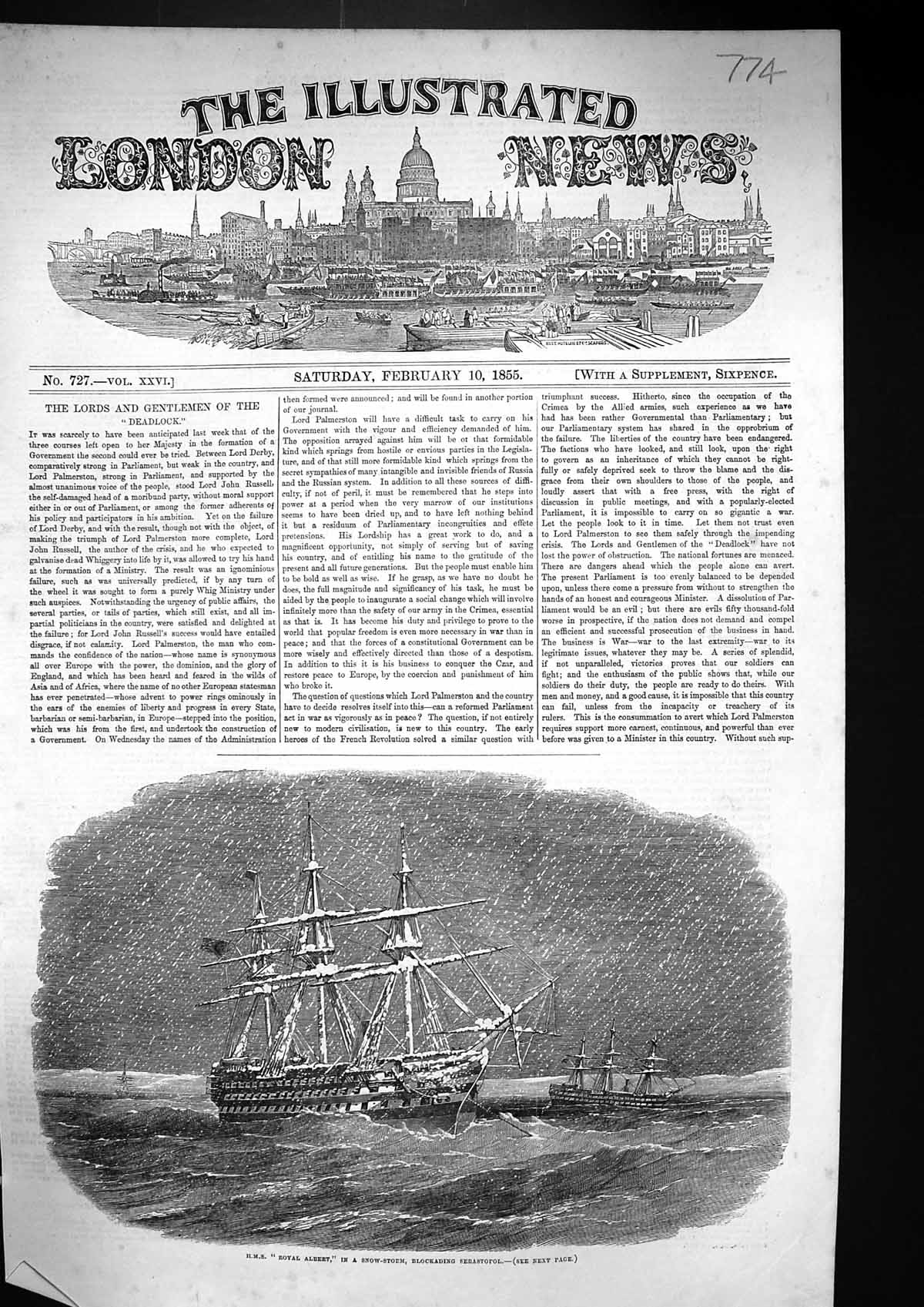 Old 1855 H.M.S. War Ship Royal Albert Snow Storm Blockading Sebastopo Victorian