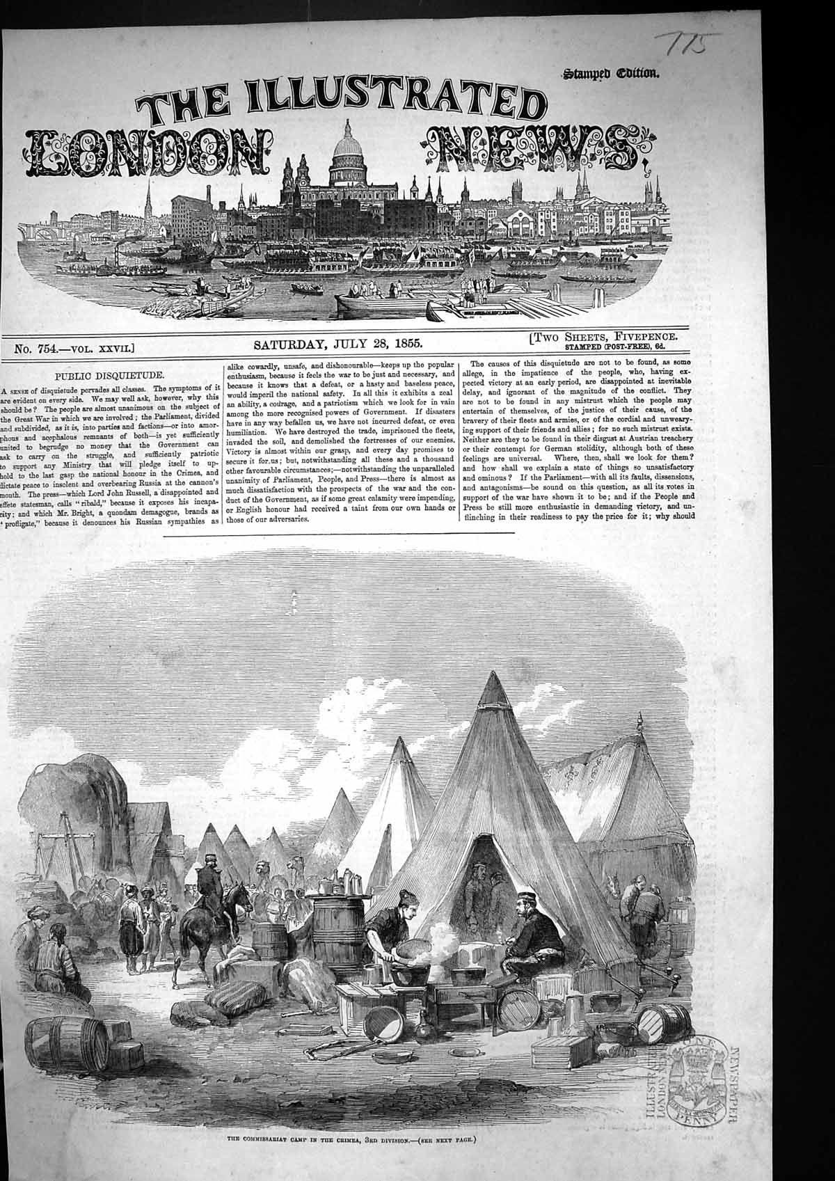 Original Old Antique Print 1855 Commissariat Camp Crimea War Siers Horses Tents