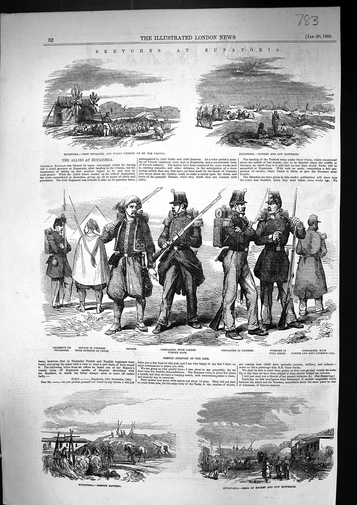 Old Print 1855 Eupatoria French Siers War Zouave Vincennes Grenadier Fus 19th