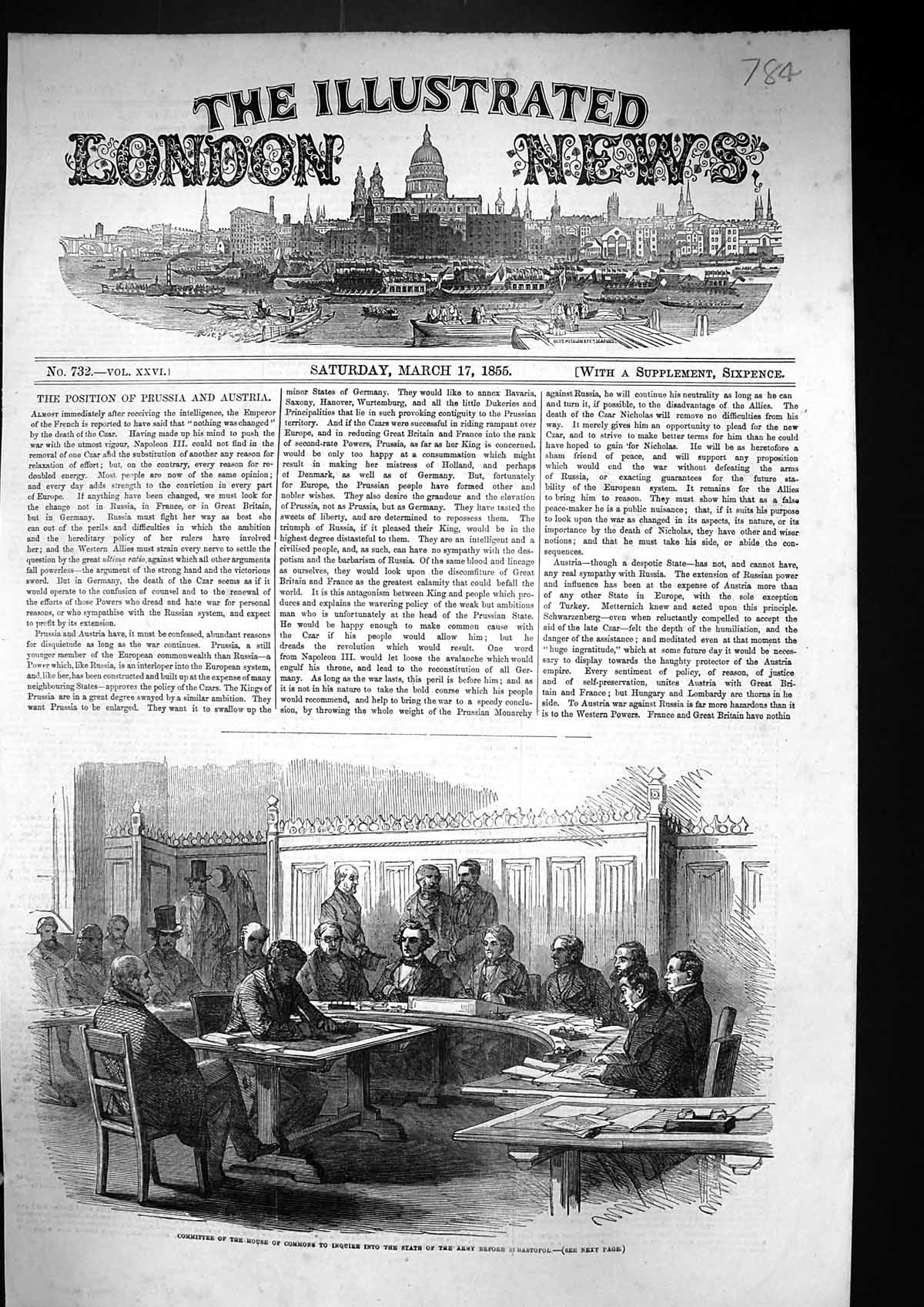 Old Print 1855 Committee Meeting House Commons Parliament Sebastopol War 19th