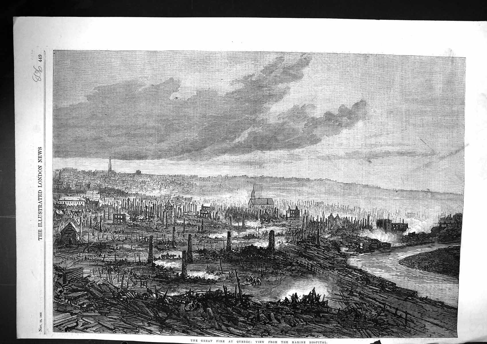 Original Old Antique Print 1866 Great Fire Quebec Canada Marine Hospital 19th