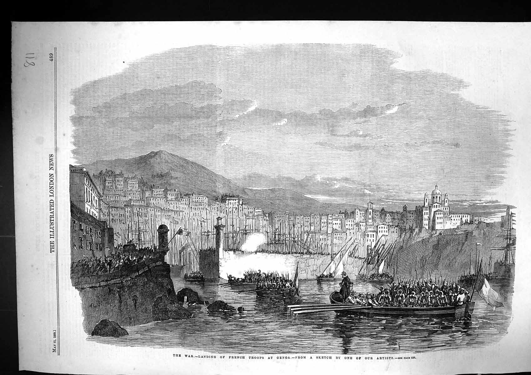 Old Antique Print 1859 War Scene Landing French Troops Genoa Siers Boats 19th