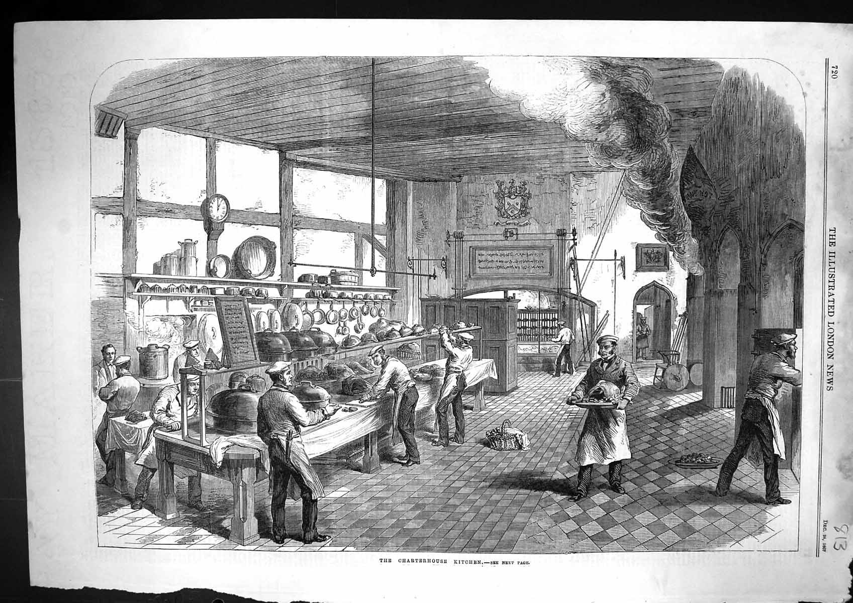 Old 1867 Interior Scene Charterhouse Kitchen Chefs Cooks Food Cooking Victorian
