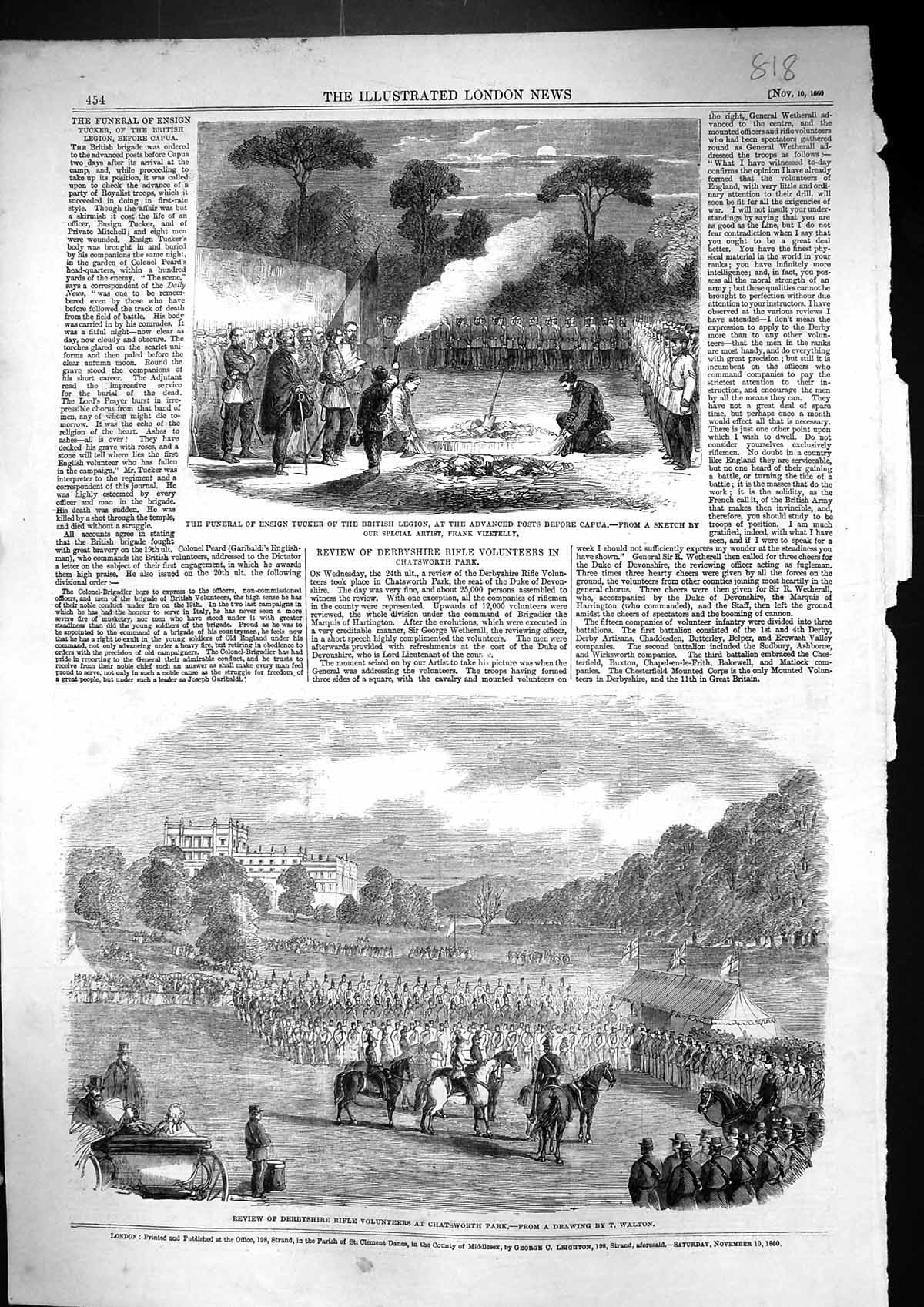 Old 1860 Funeral Ensign Tucker British Legion Capua Derbyshire Rifle Victorian