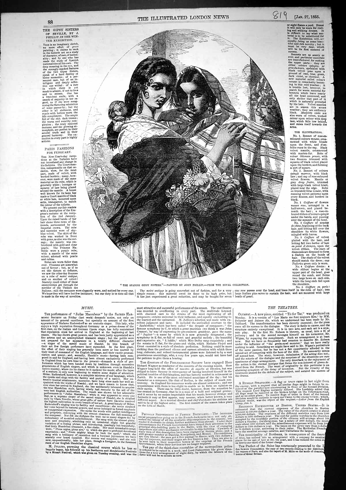 Old Antique Print 1855 Portrait Spanish Gipsy Sister Royal John Phillip 19th