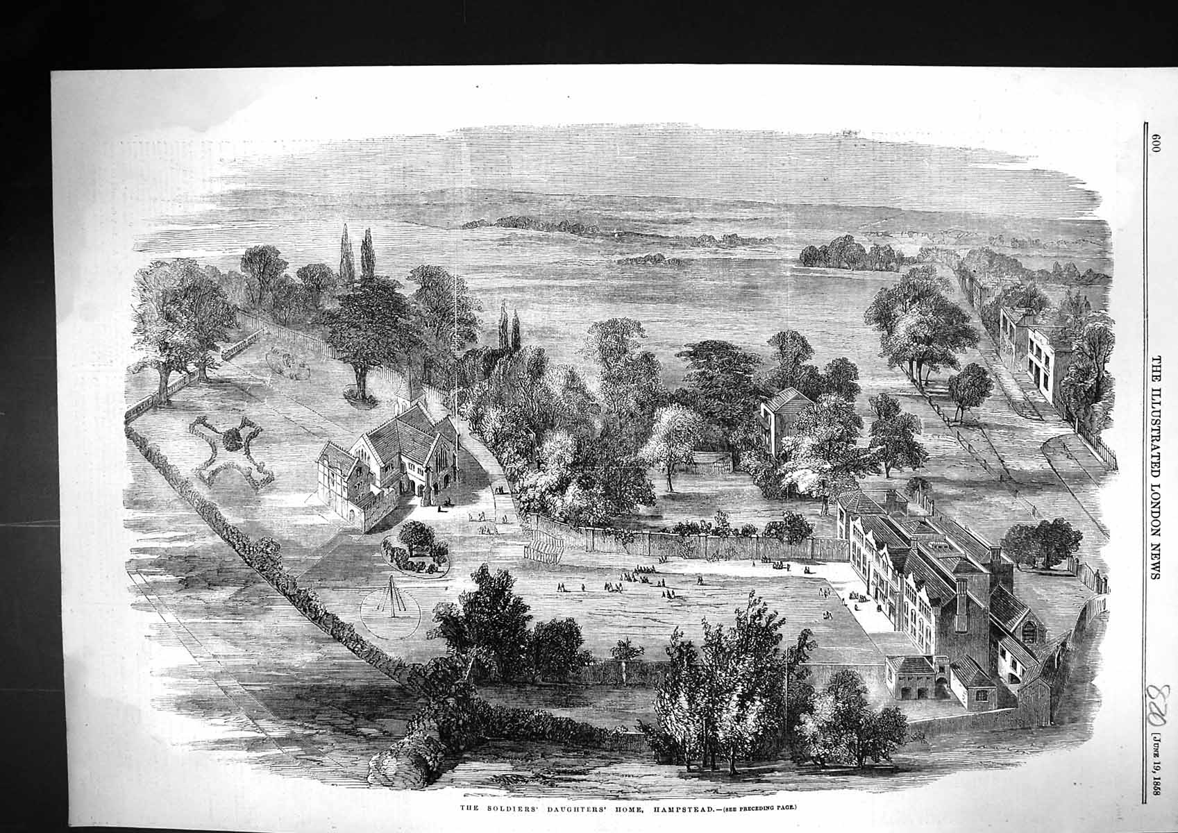 Original Old Antique Print 1858 Bird'S-Eye-View Siers Daughters Home Hampstead