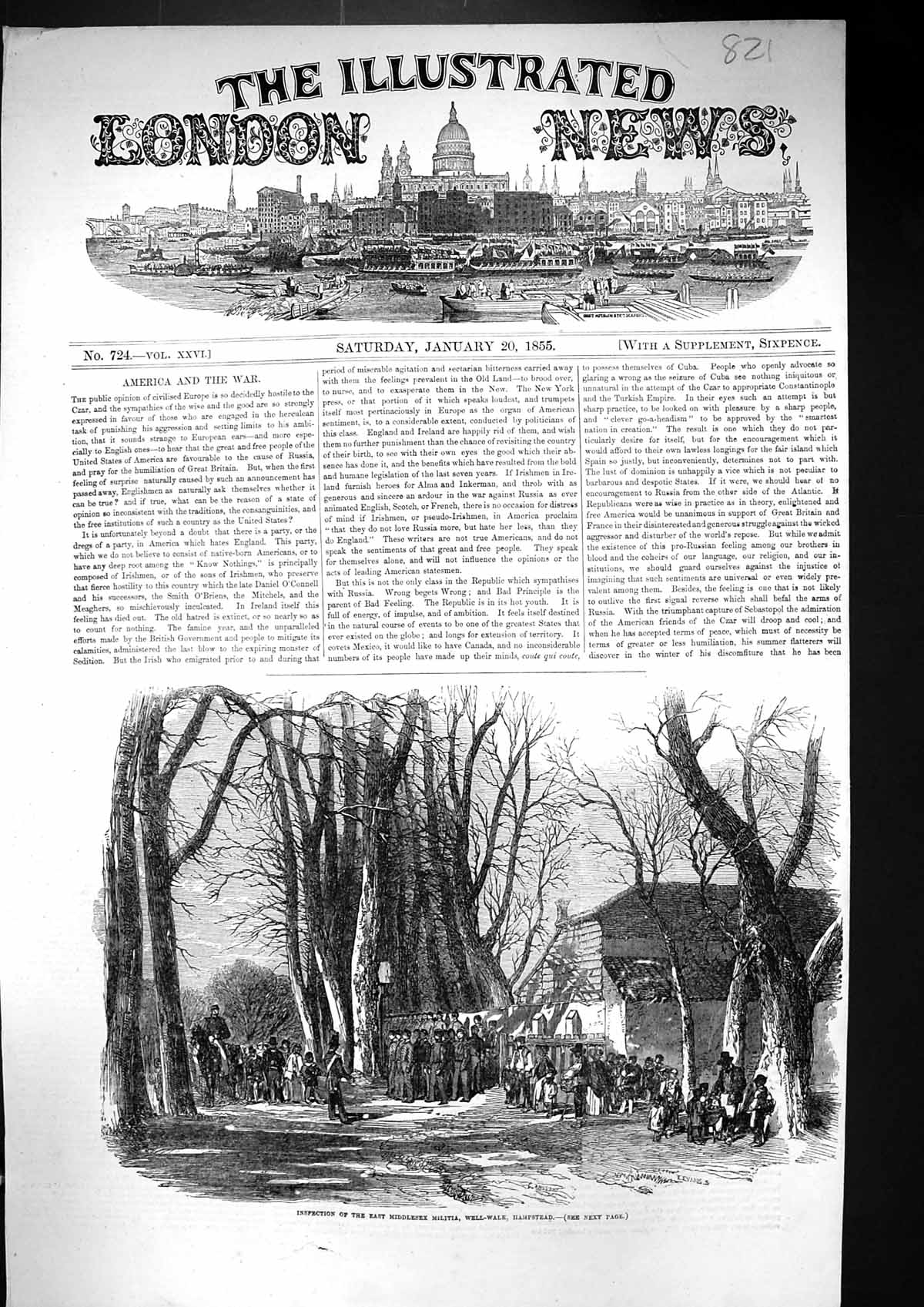 Old Print 1855 Inspection East Middlesex Militia Well Walk Hampstead Sie 19th