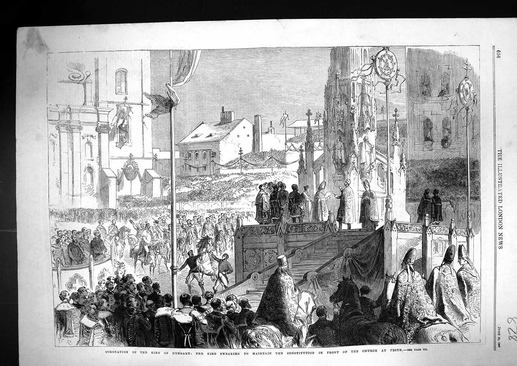 Old Print 1867 Coronation King Hungary Constitution Church Pesth Religion 19th