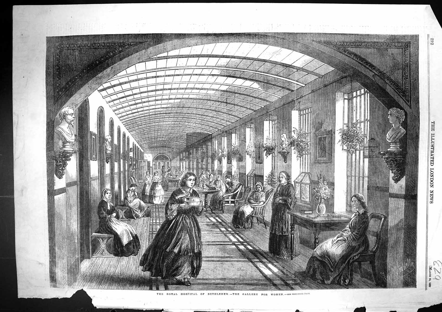 Antique Old Print 1860 Royal Hospital Bethlehem Gallery Women Nurses Patients