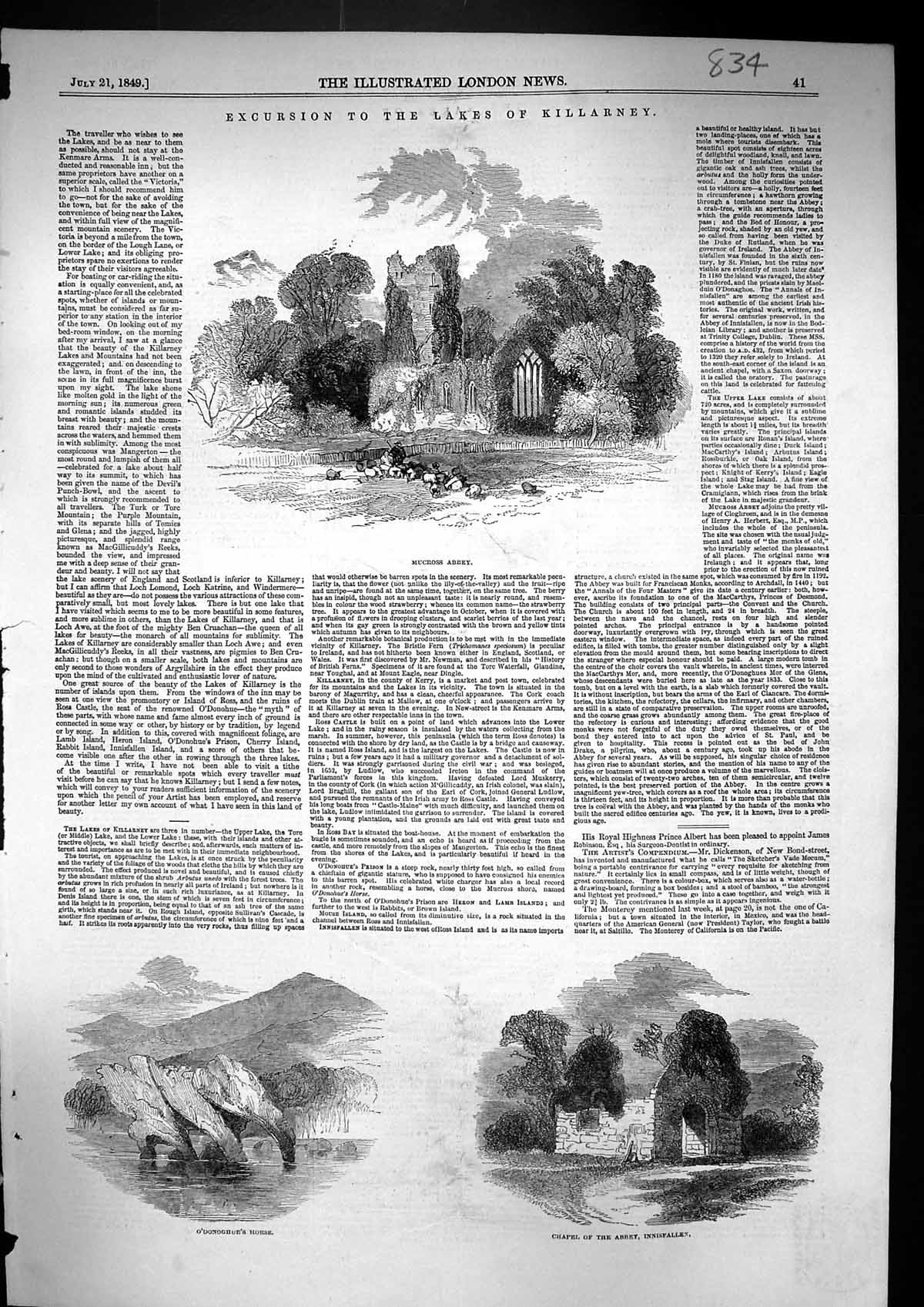 Old 1849 Lakes Killarney Mucross Abbey O'Donoghue Horse Chapel Abbey Victorian