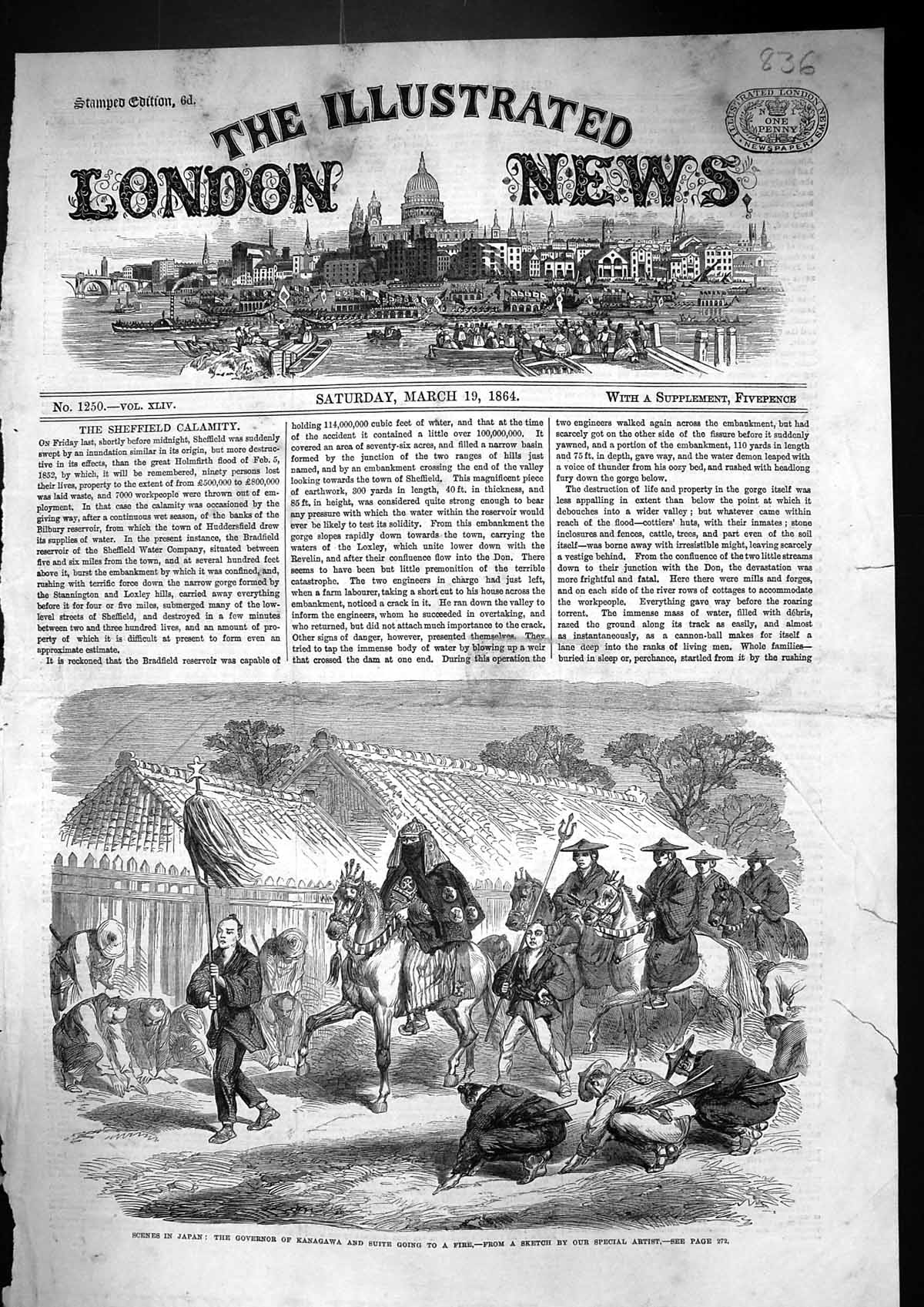 Old Print 1864 Japan Governor Kanagawa Suite Procession Fire Japanese Peo 19th