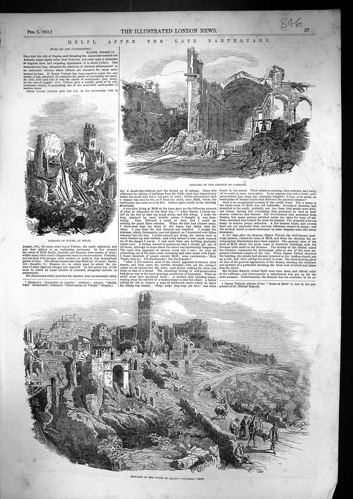 Antique Old Print 1853 Melfi Earthquake Remains Church Carmine Naples Italy