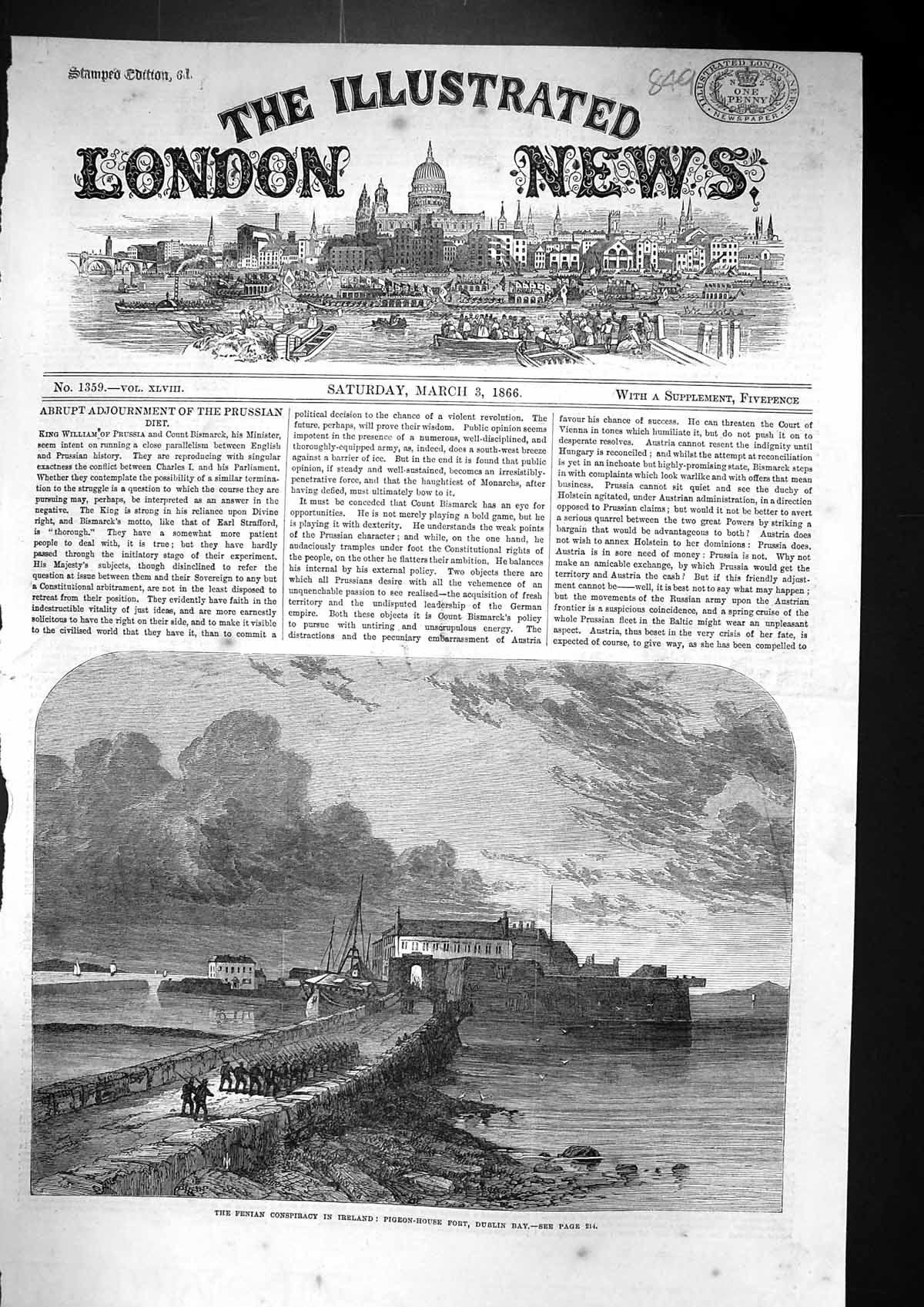 Antique Old Print 1866 Fenian Conspiracy Ireland Pigeon-House Fort Dublin Bay