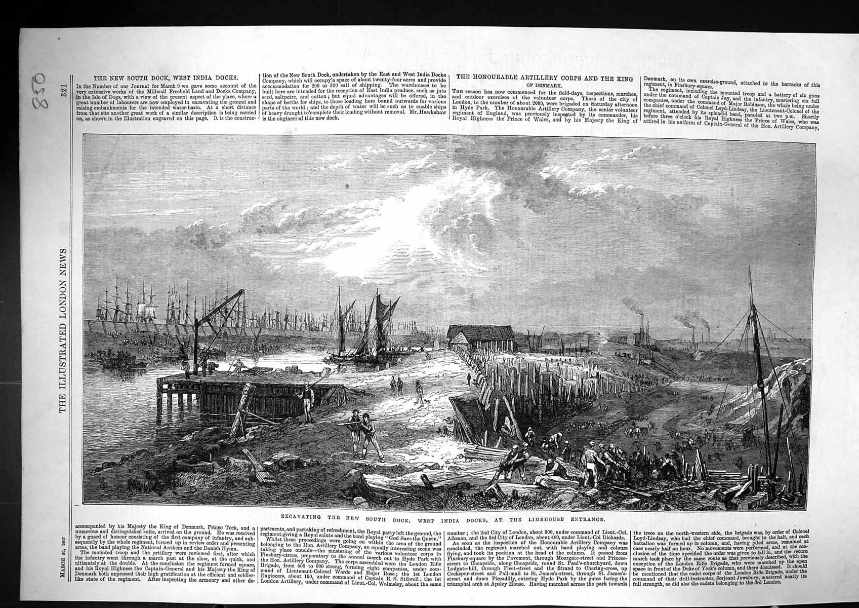 Old Print 1867 Excavating South Dock West India Limehouse Entrance Ships 19th