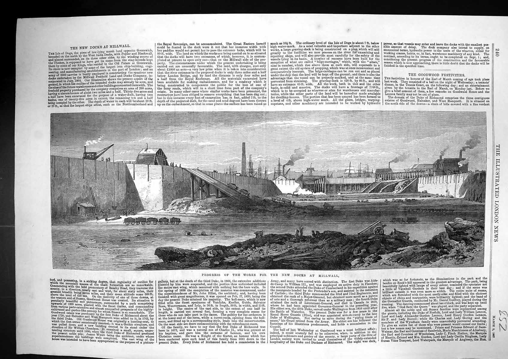 Original Old Antique Print 1867 Scene Progress Works New Docks Millwall Ships
