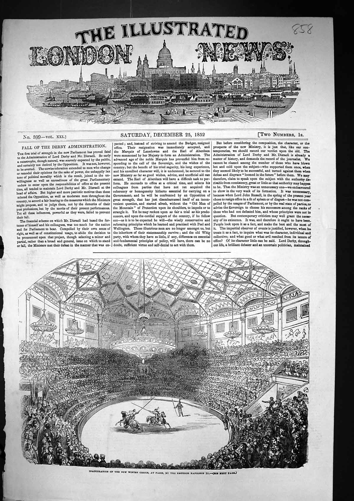 Old 1852 Inauguration New Winter Circus Paris Emperor Napoleon France Victorian
