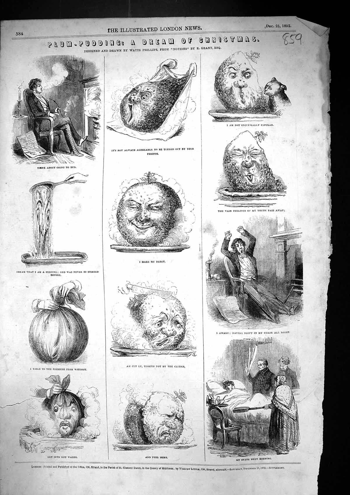 Antique Print 1852 Plum Pudding Christmas Dream Watt Phillips Notions Grant