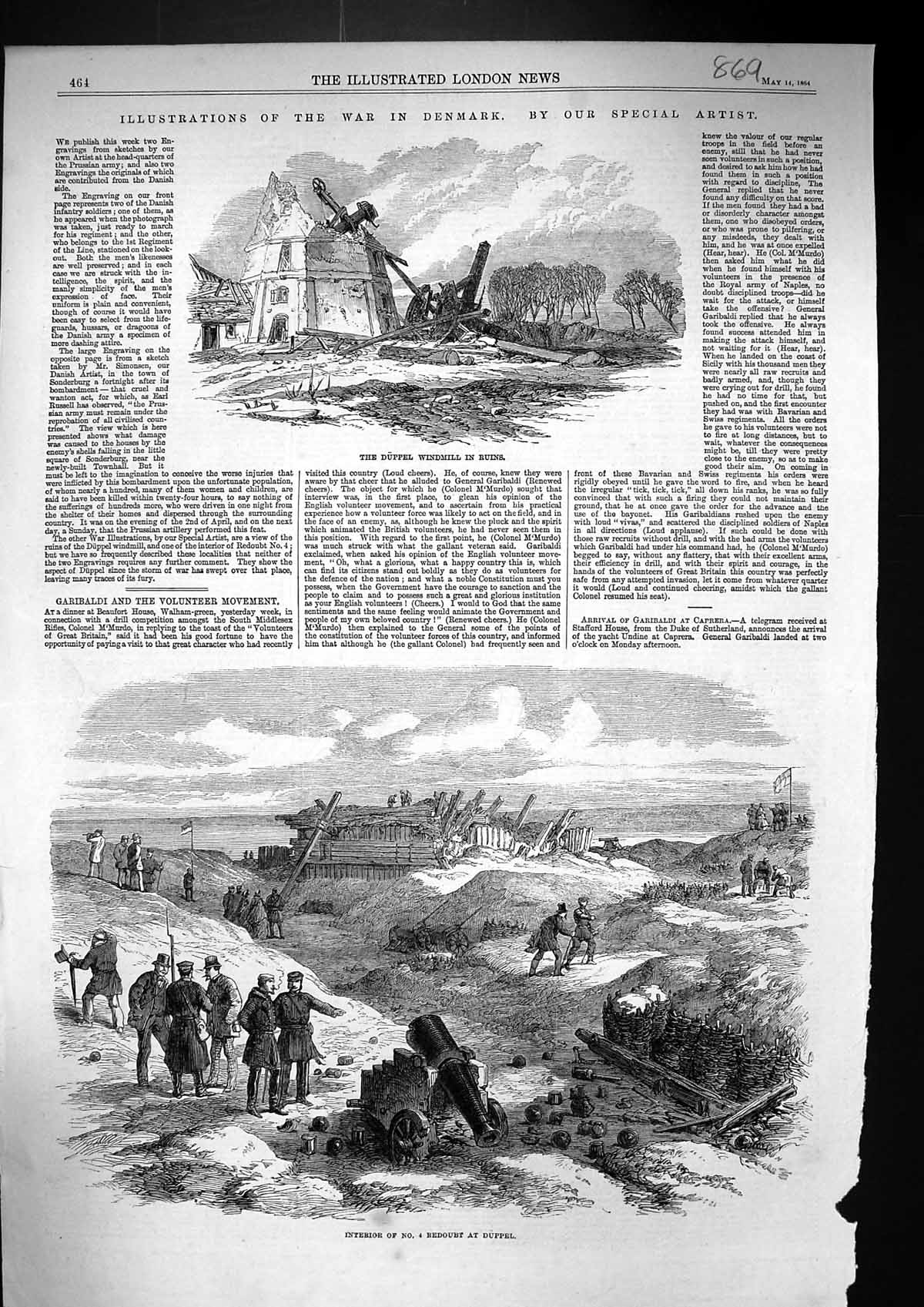 Old Antique Print 1864 War Denmark Duppel Windmill Ruins Interior Redoubt 19th