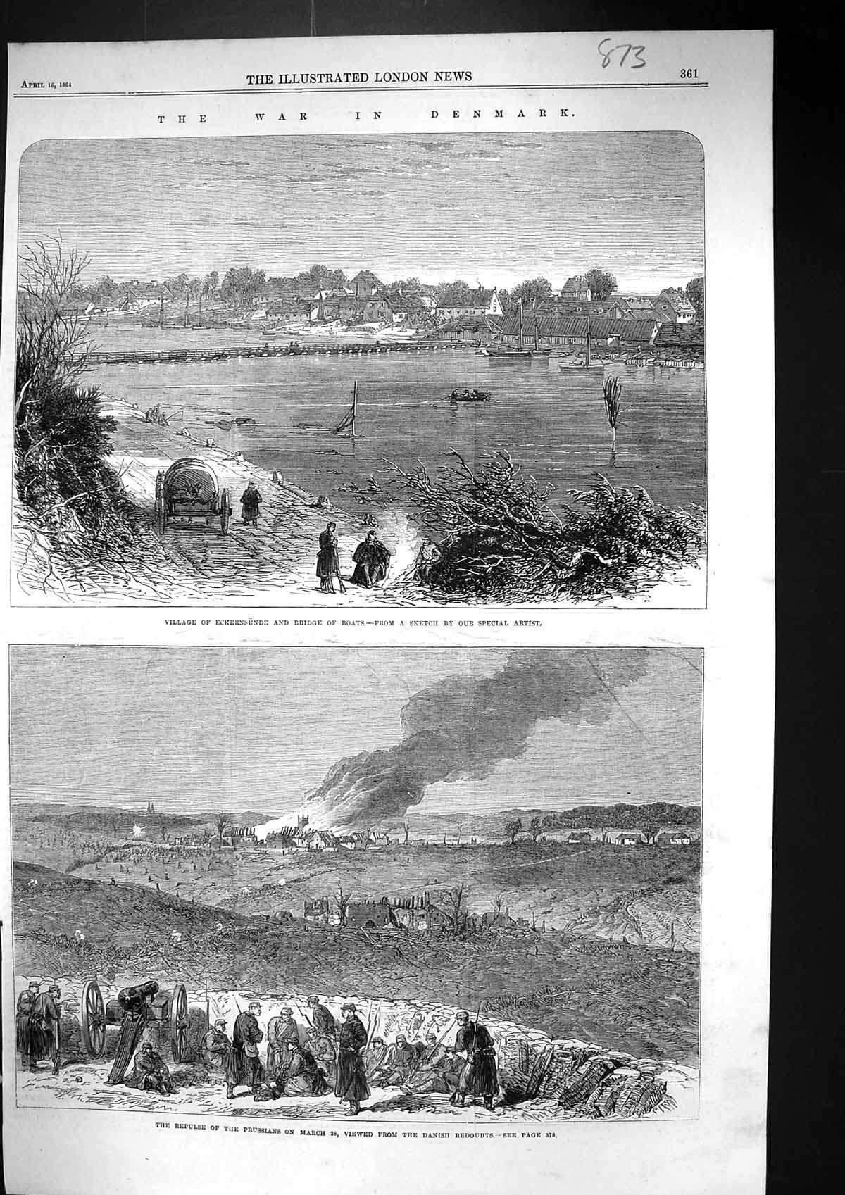 Old 1864 War Denmark Village Eckernsunde Bridge Boats Prussian Army R Victorian