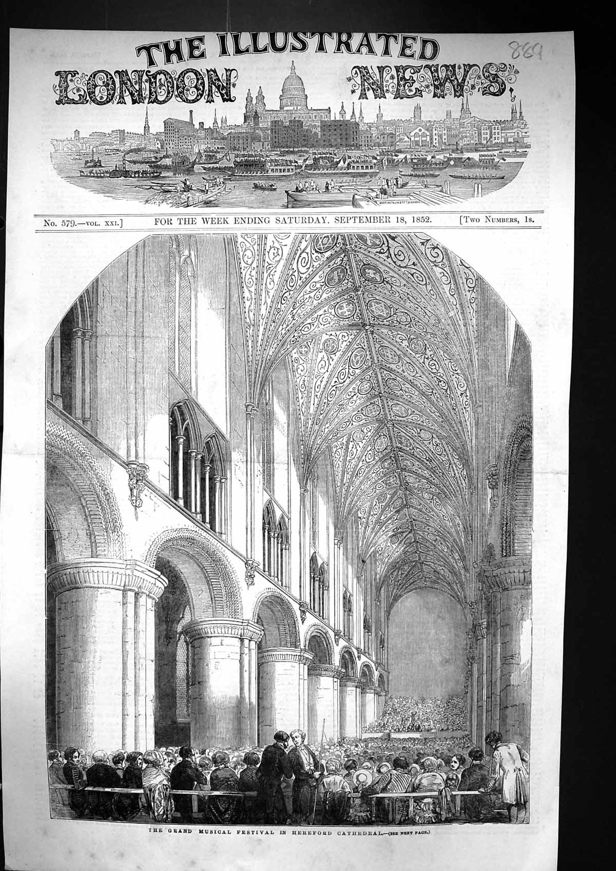 Antique Old Print 1852 Grand Musical Festival Hereford Cathedral Architecture