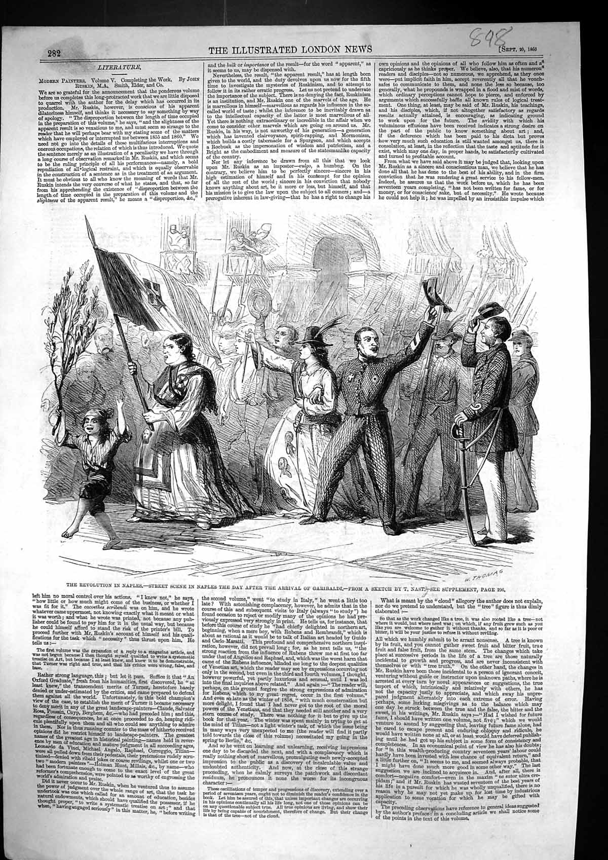 Old Print 1860 Revolution Naples Italy Street Scene Garibaldi Procession 19th