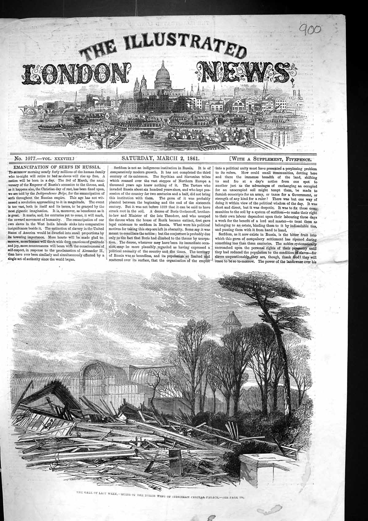Original Old Antique Print 1861 Storm Ruins North Wing Sydenham Crystal Palace