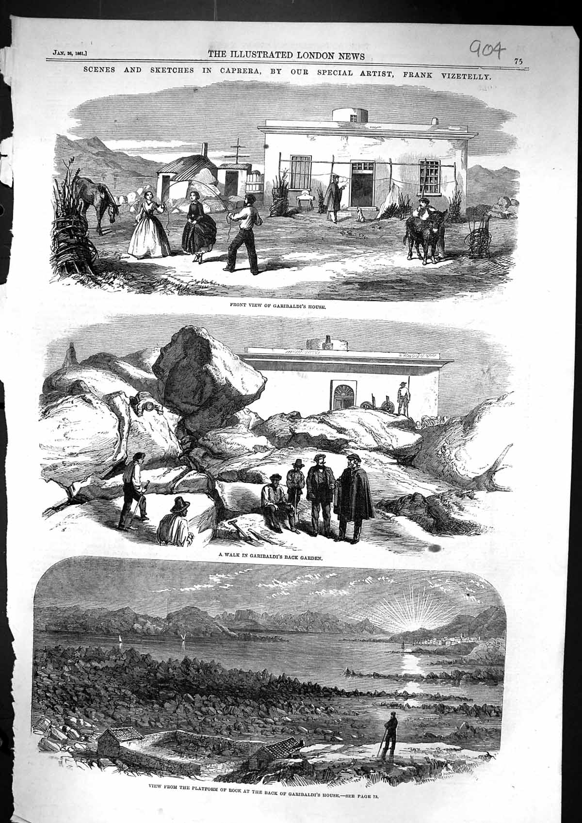 Antique Old Print 1861 View Platform Rock Garibaldi House Caprera Back Garden
