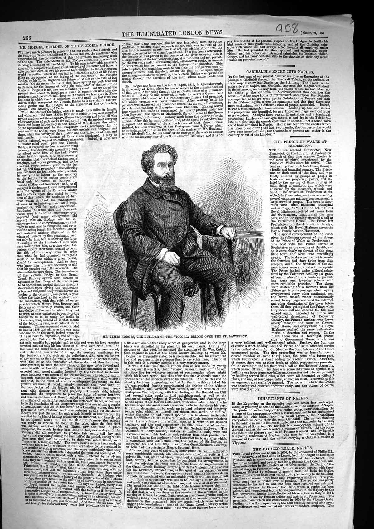 Antique Old Print 1860 Mr James Hodges Builder Victoria Bridge St. Lawrence